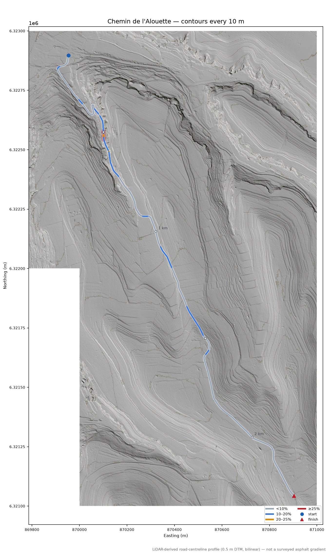 Chemin de l'Alouette LiDAR hillshade map with contours
