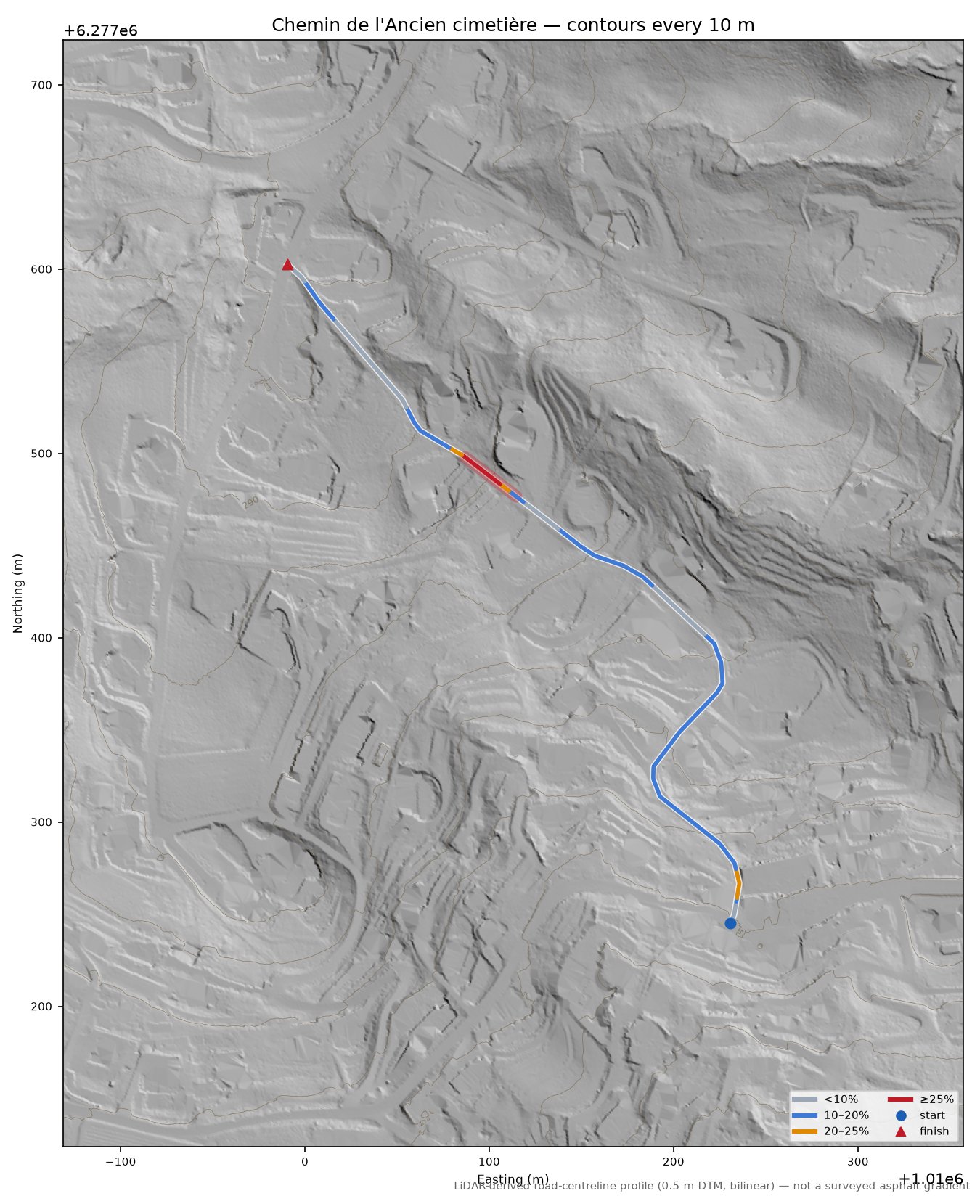 Chemin de l'Ancien cimetière LiDAR hillshade map with contours