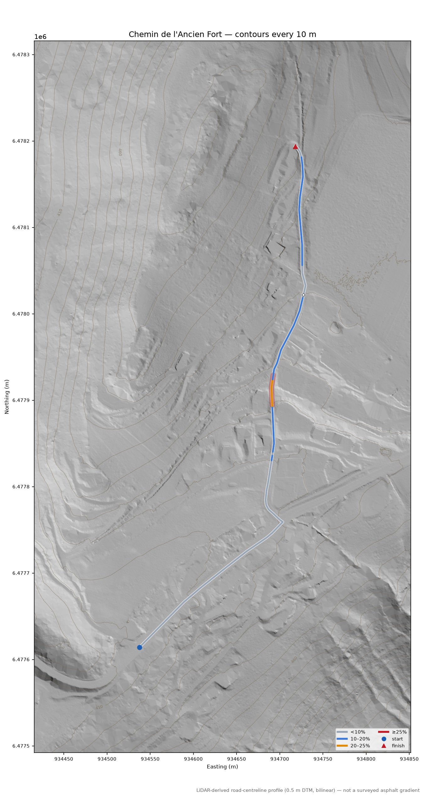 Chemin de l'Ancien Fort LiDAR hillshade map with contours