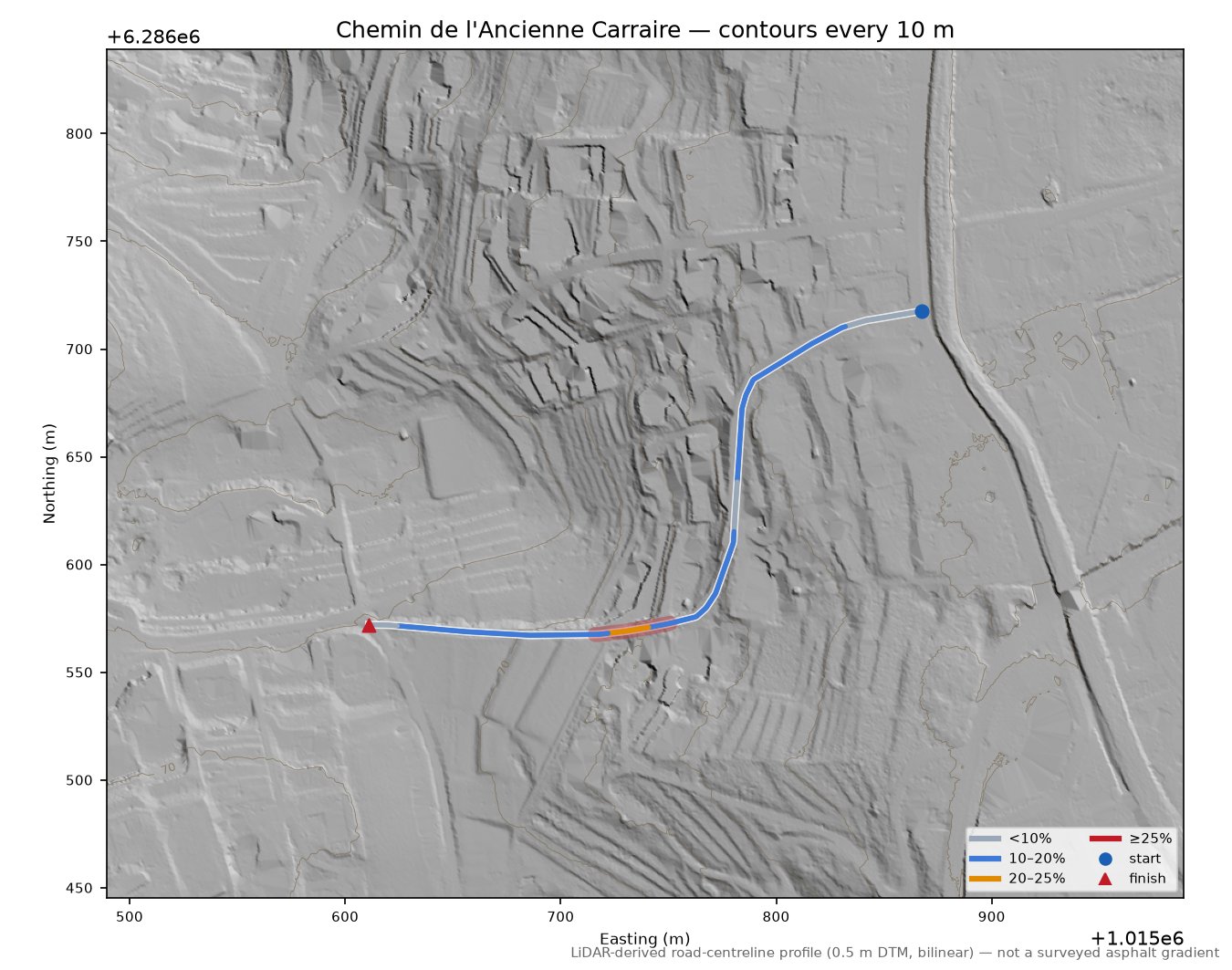 Chemin de l'Ancienne Carraire LiDAR hillshade map with contours