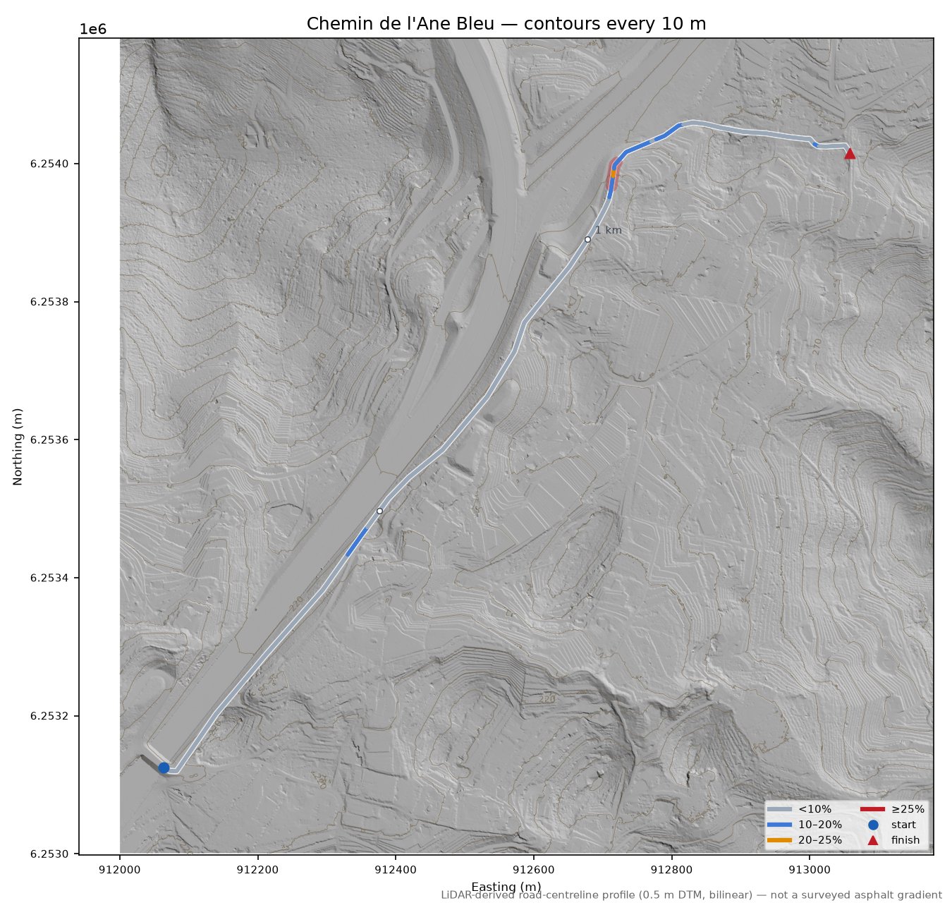 Chemin de l'Ane Bleu LiDAR hillshade map with contours
