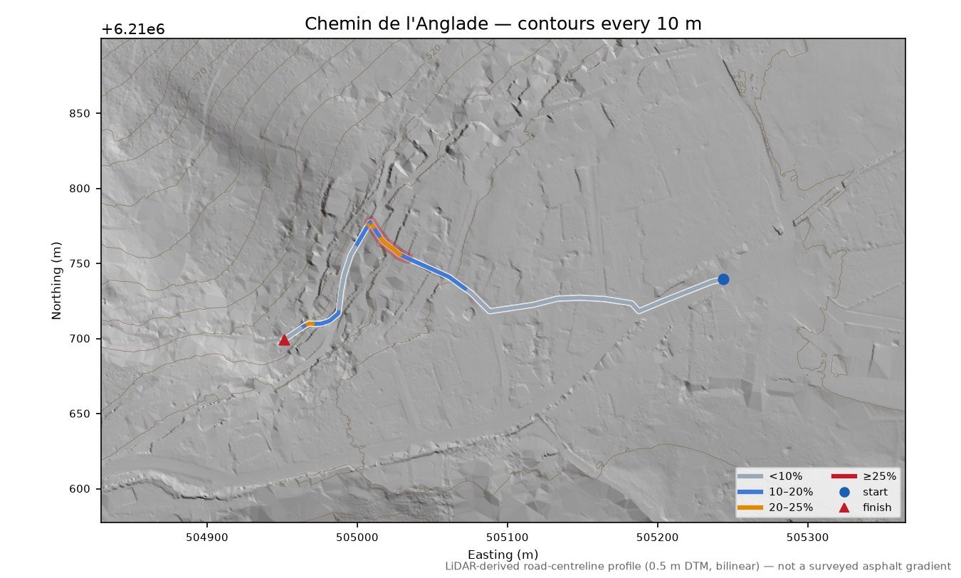 Chemin de l'Anglade LiDAR hillshade map with contours