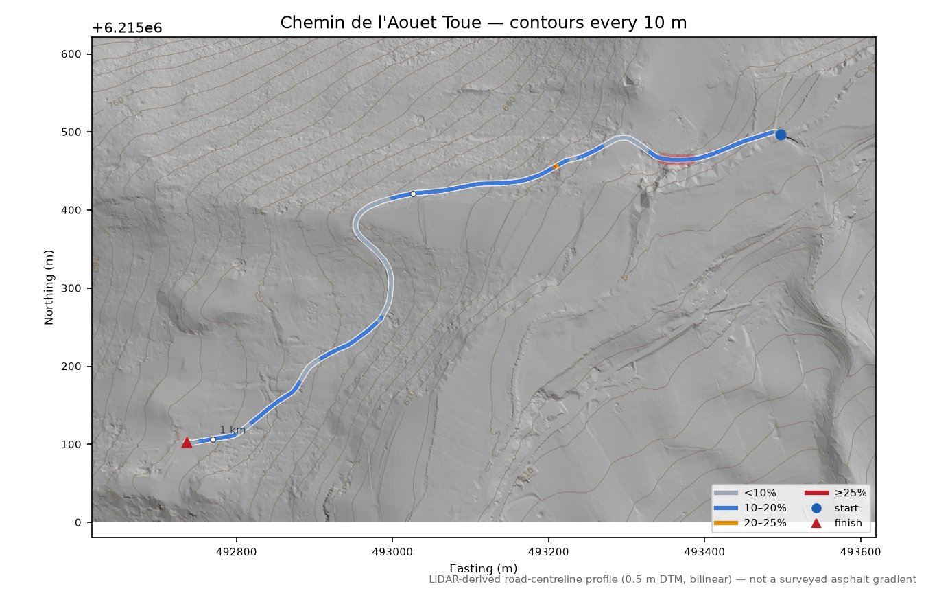 Chemin de l'Aouet Toue LiDAR hillshade map with contours