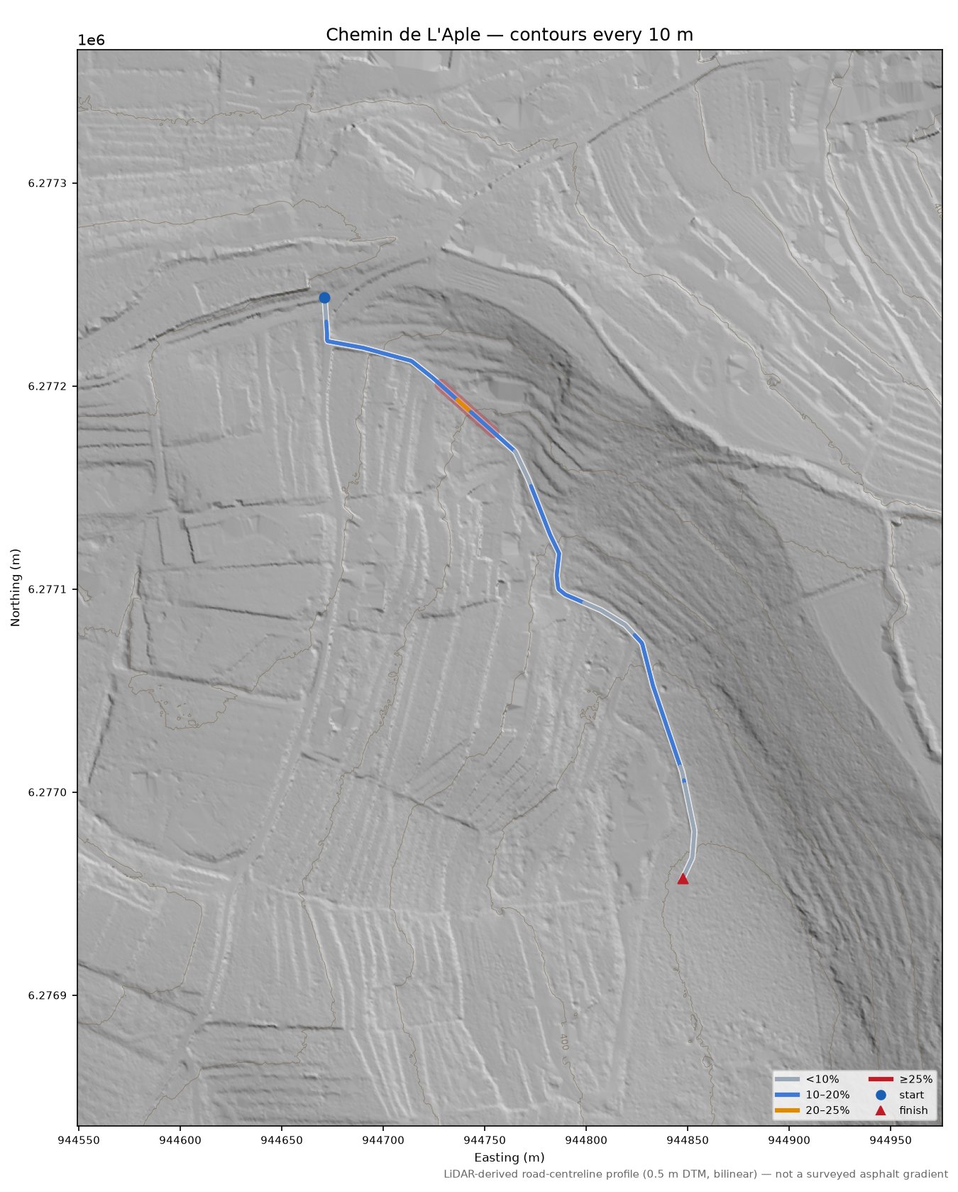 Chemin de L'Aple LiDAR hillshade map with contours