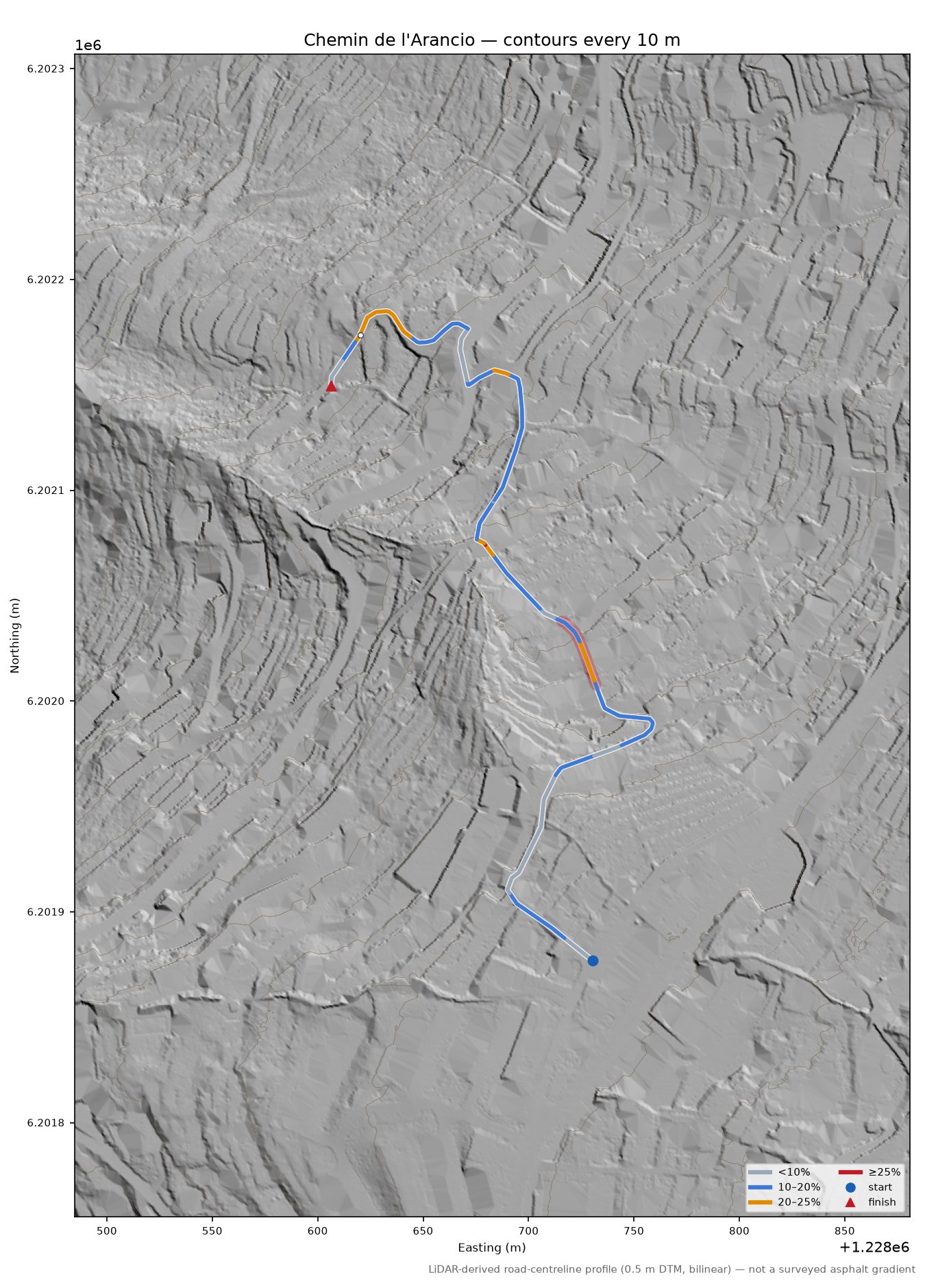 Chemin de l'Arancio LiDAR hillshade map with contours