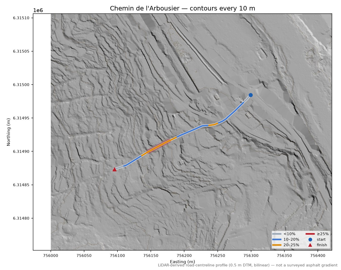 Chemin de l'Arbousier LiDAR hillshade map with contours
