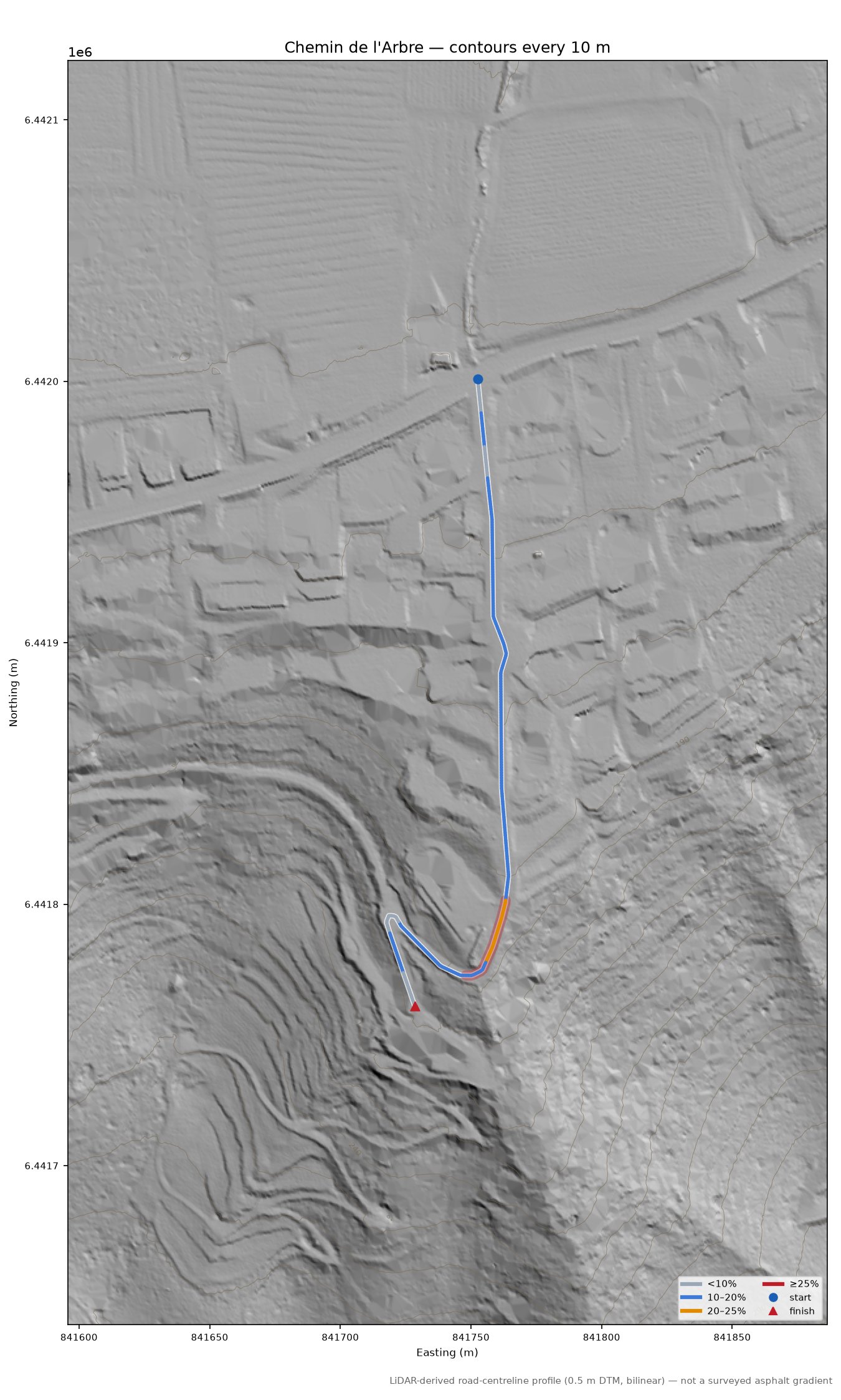 Chemin de l'Arbre LiDAR hillshade map with contours