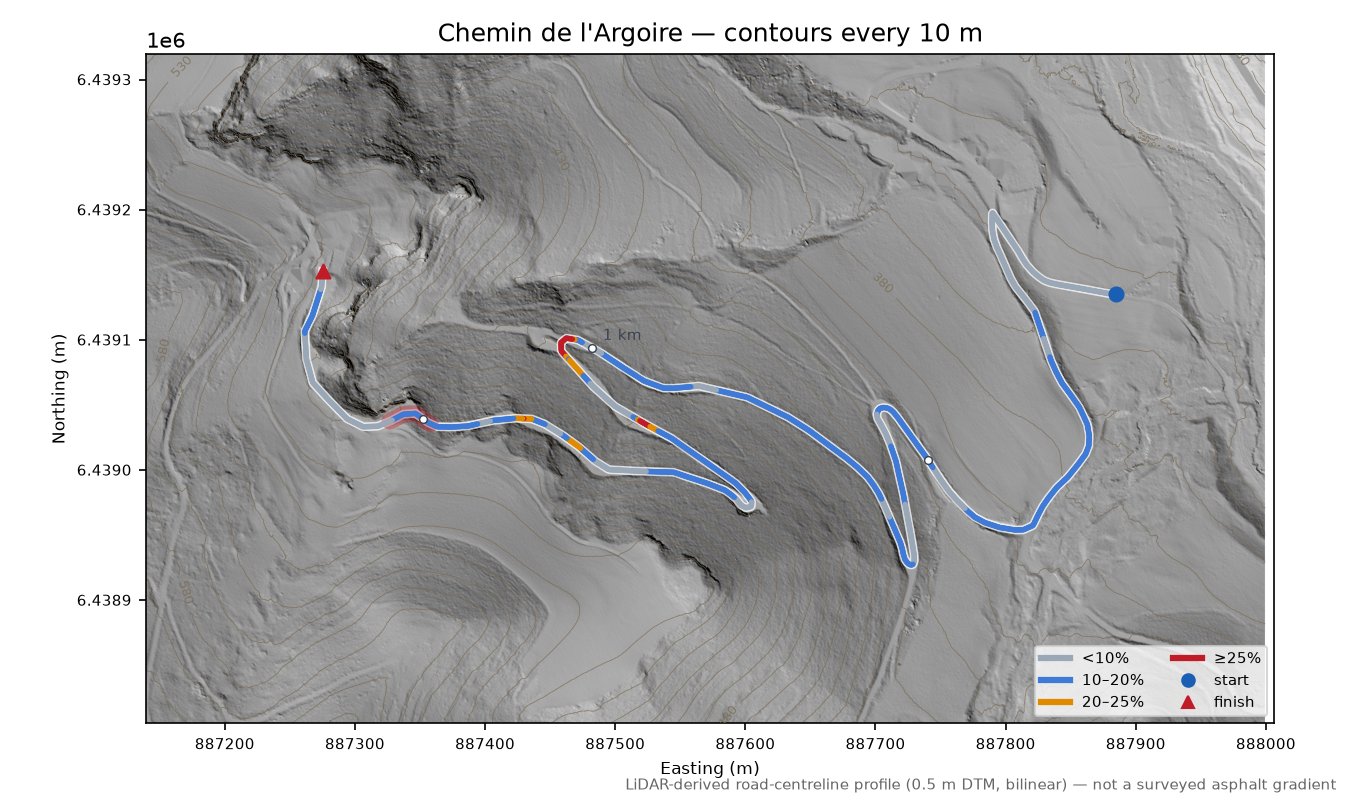 Chemin de l'Argoire LiDAR hillshade map with contours