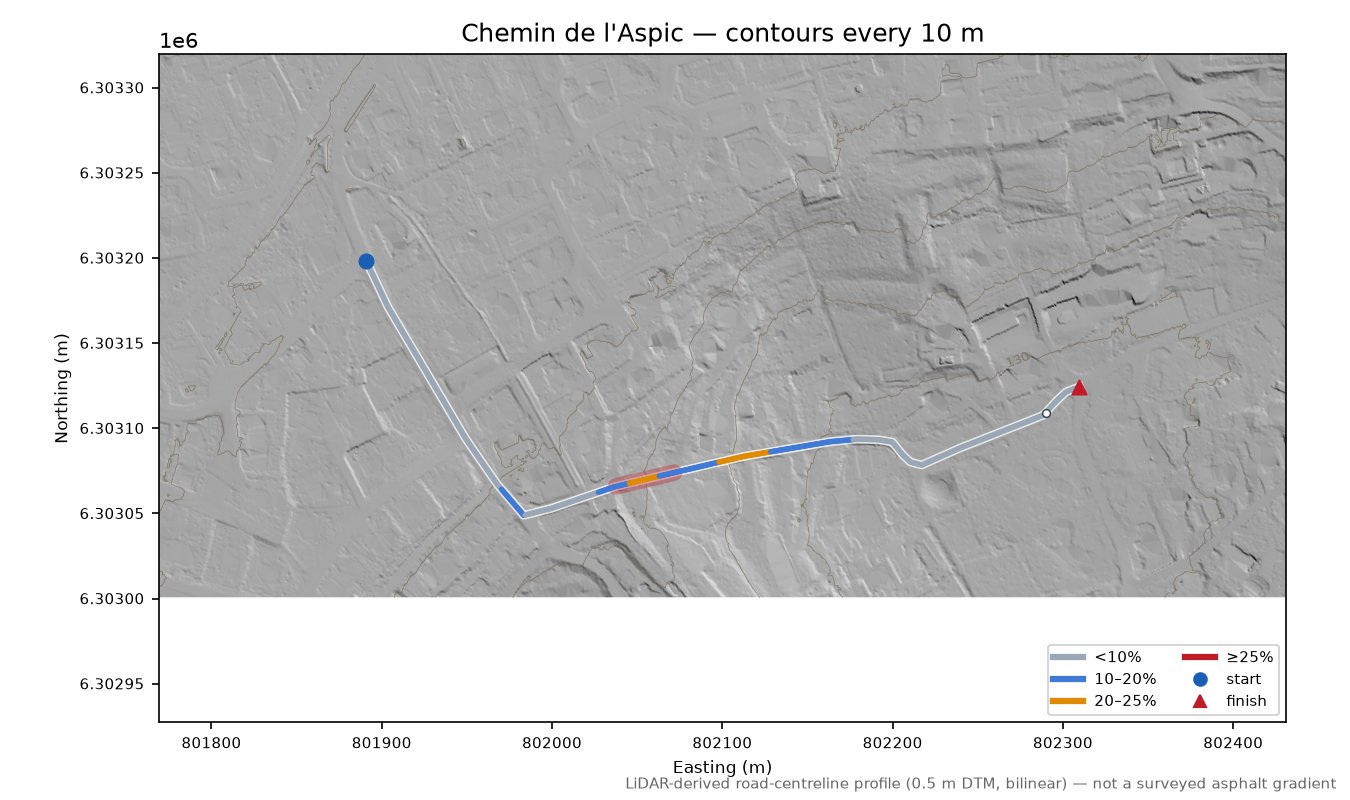 Chemin de l'Aspic LiDAR hillshade map with contours