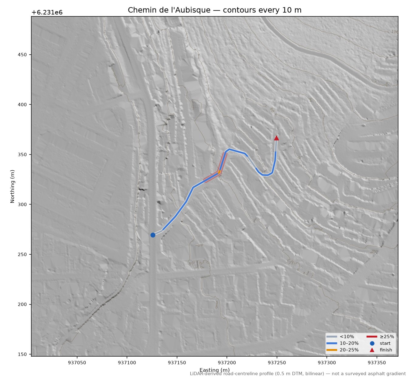 Chemin de l'Aubisque LiDAR hillshade map with contours