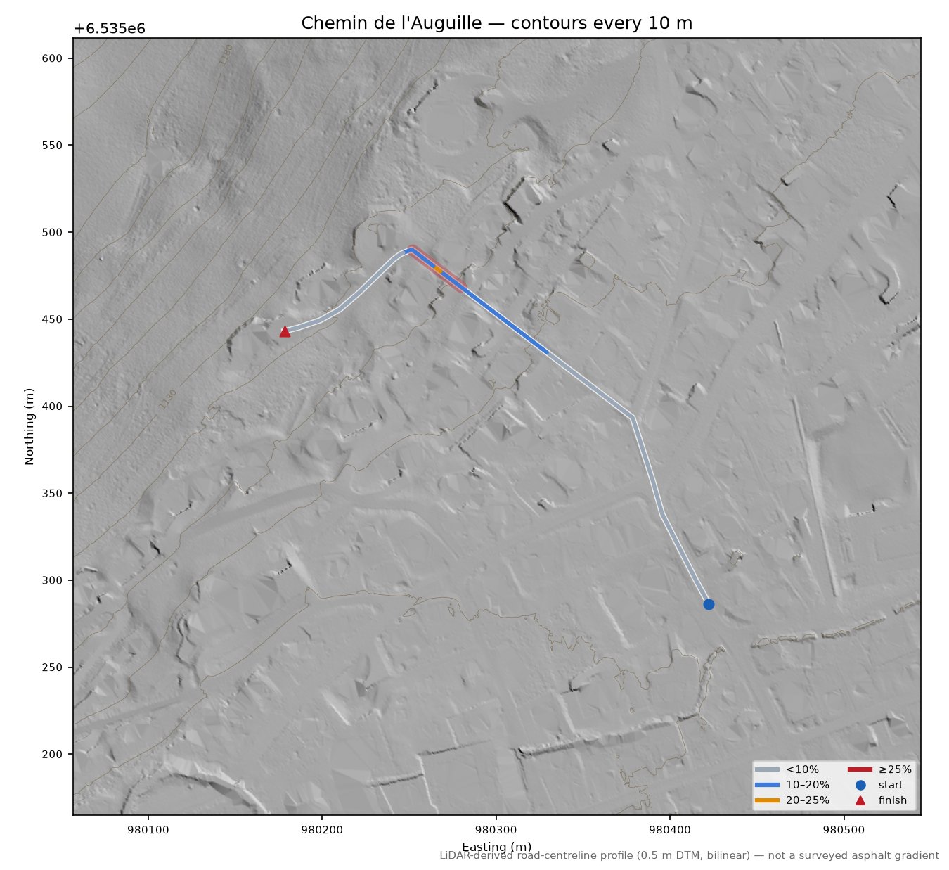 Chemin de l'Auguille LiDAR hillshade map with contours