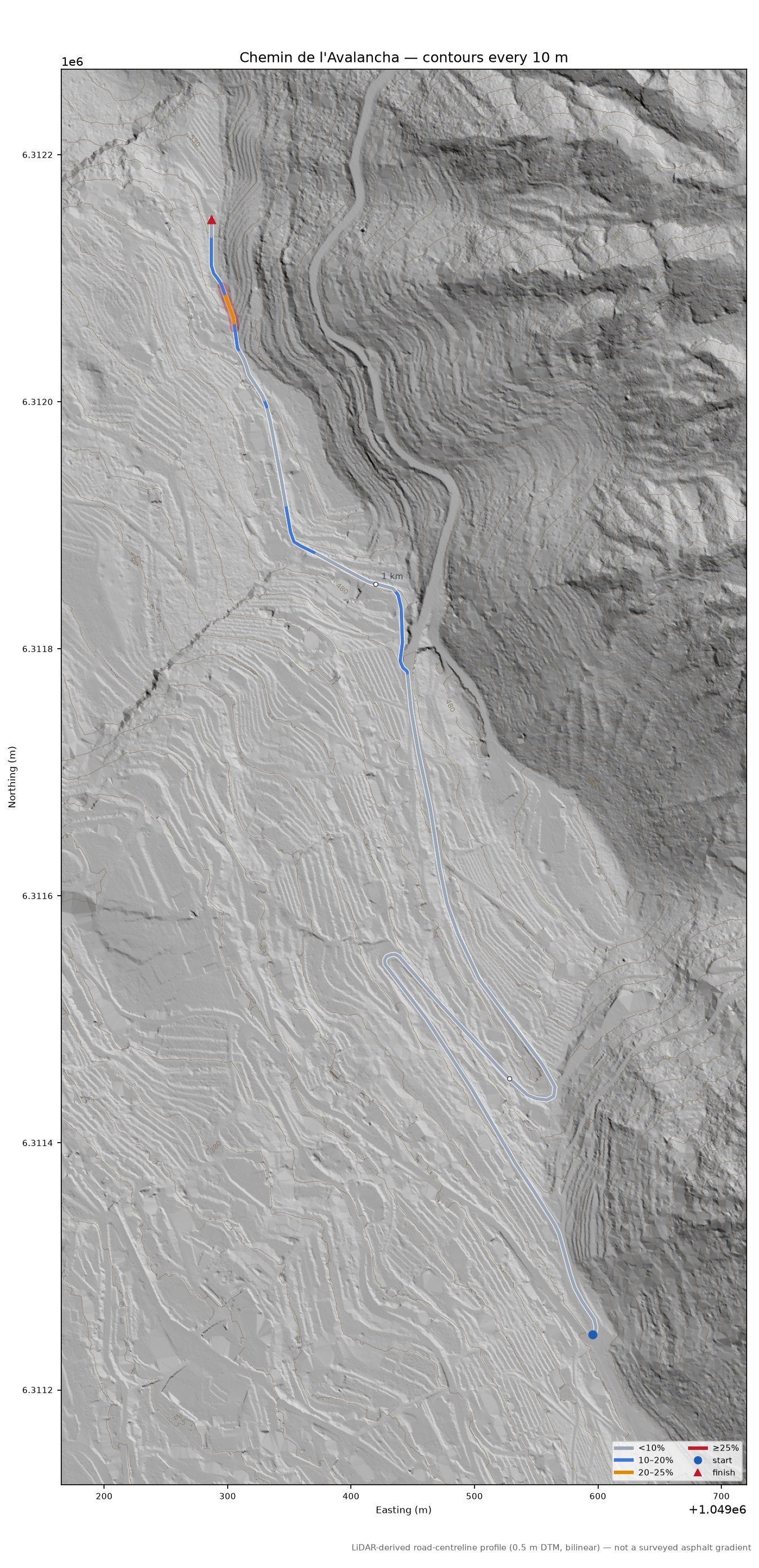 Chemin de l'Avalancha LiDAR hillshade map with contours