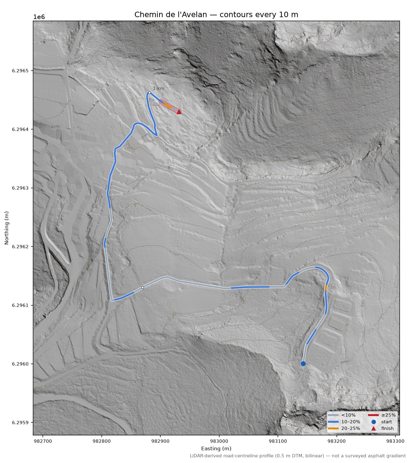 Chemin de l'Avelan LiDAR hillshade map with contours