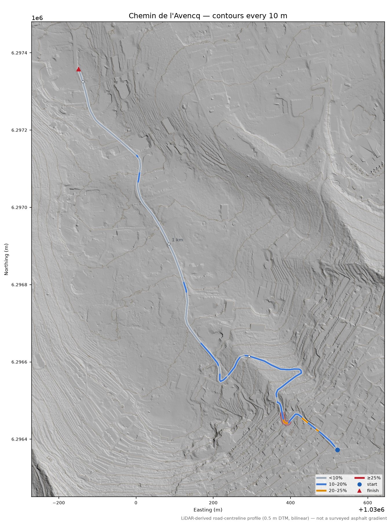 Chemin de l'Avencq LiDAR hillshade map with contours