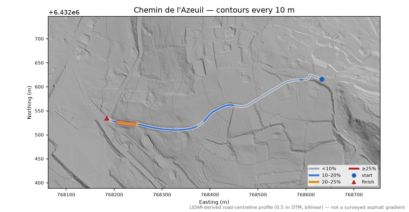 Chemin de l'Azeuil LiDAR hillshade map with contours