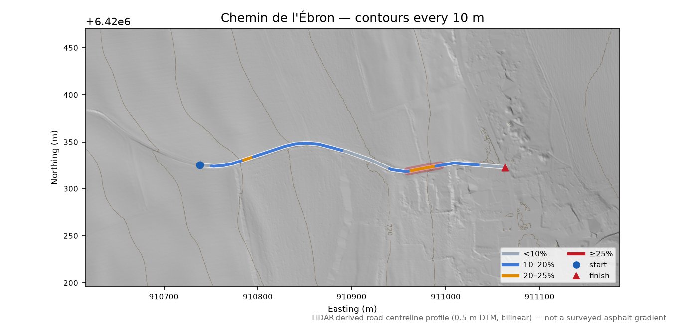 Chemin de l'Ébron LiDAR hillshade map with contours