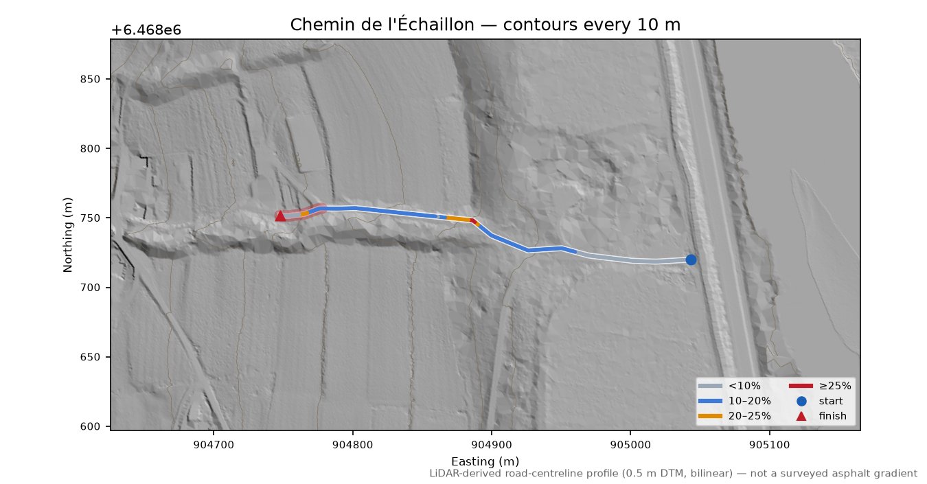 Chemin de l'Échaillon LiDAR hillshade map with contours