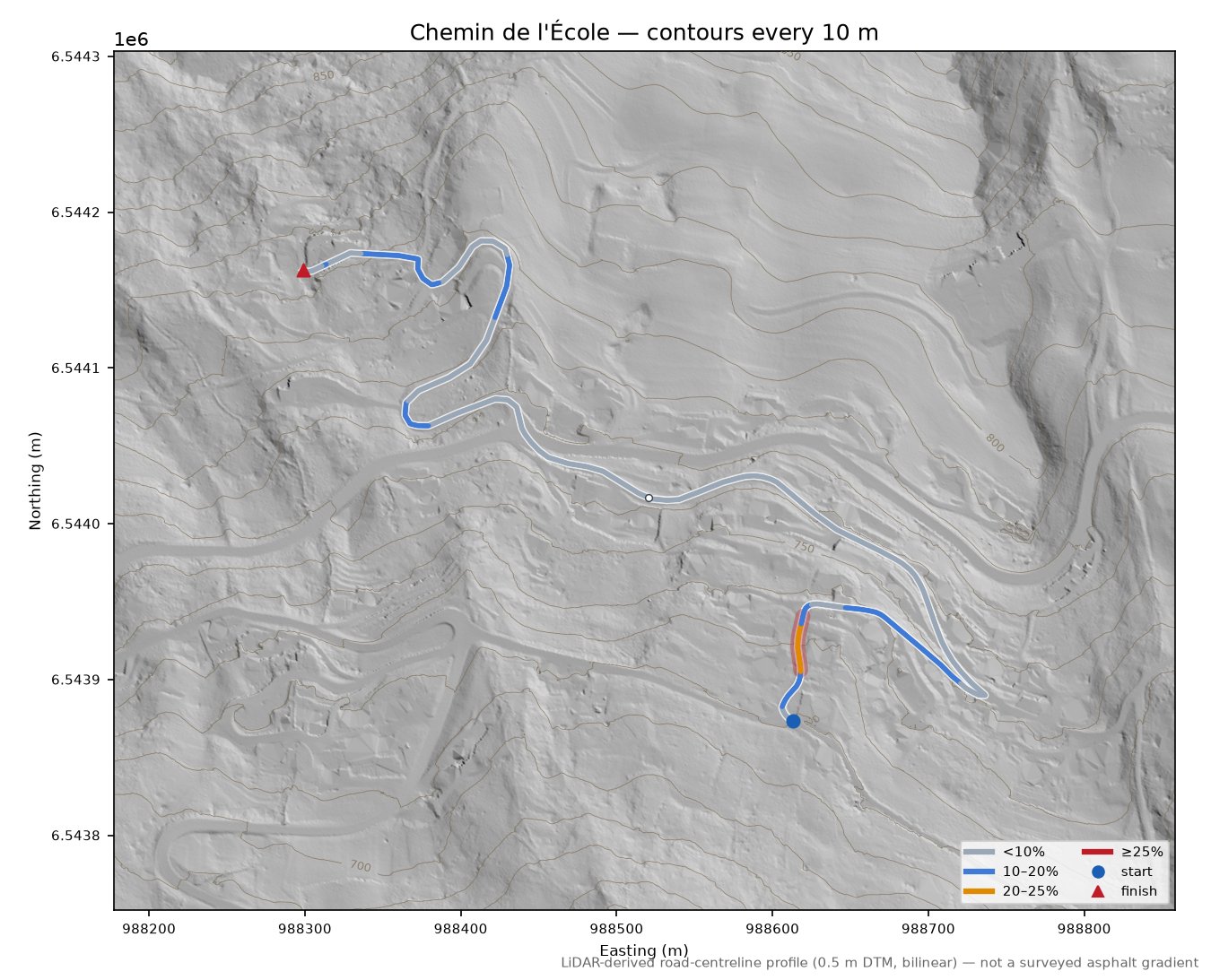 Chemin de l'École LiDAR hillshade map with contours