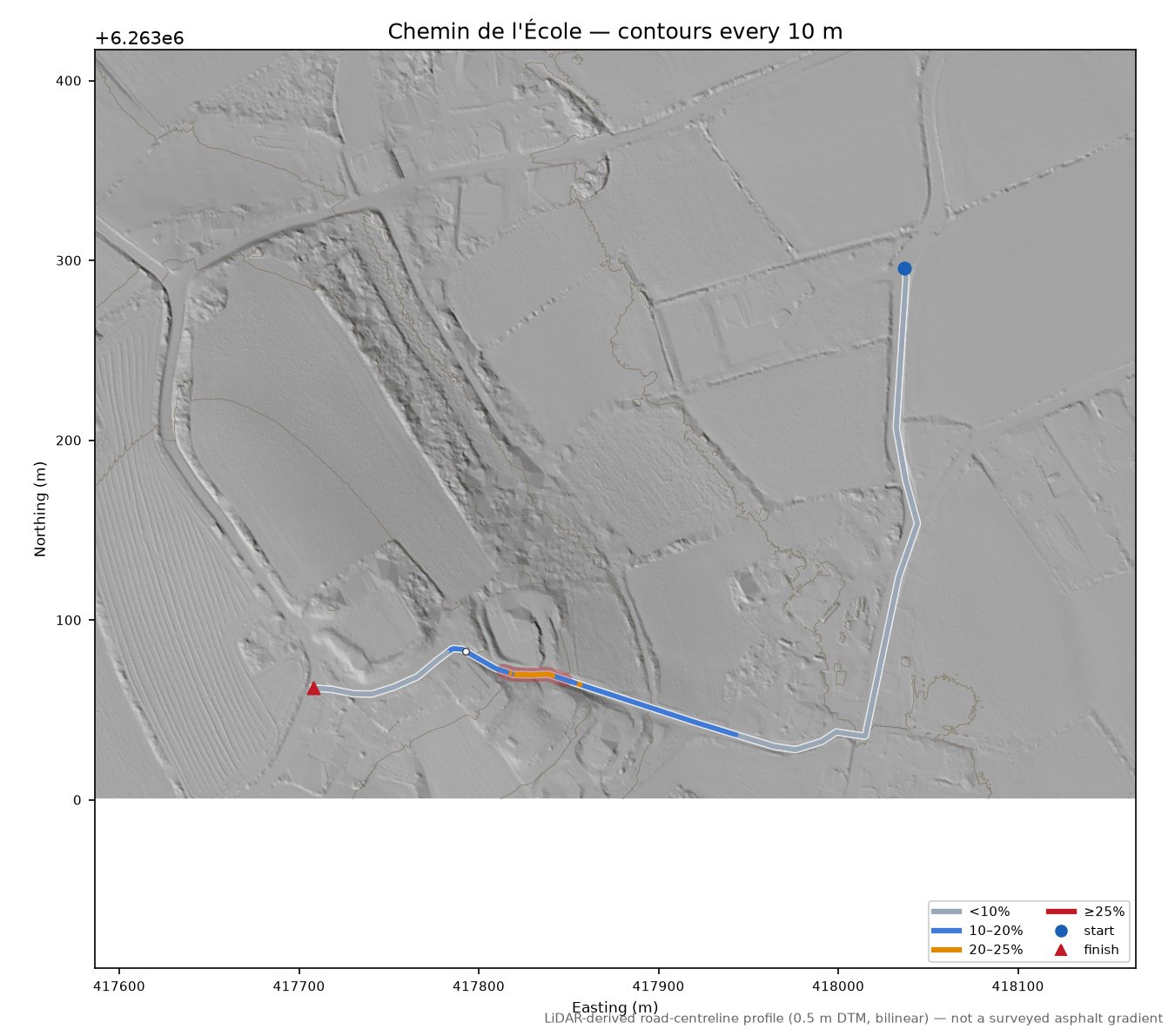 Chemin de l'École LiDAR hillshade map with contours