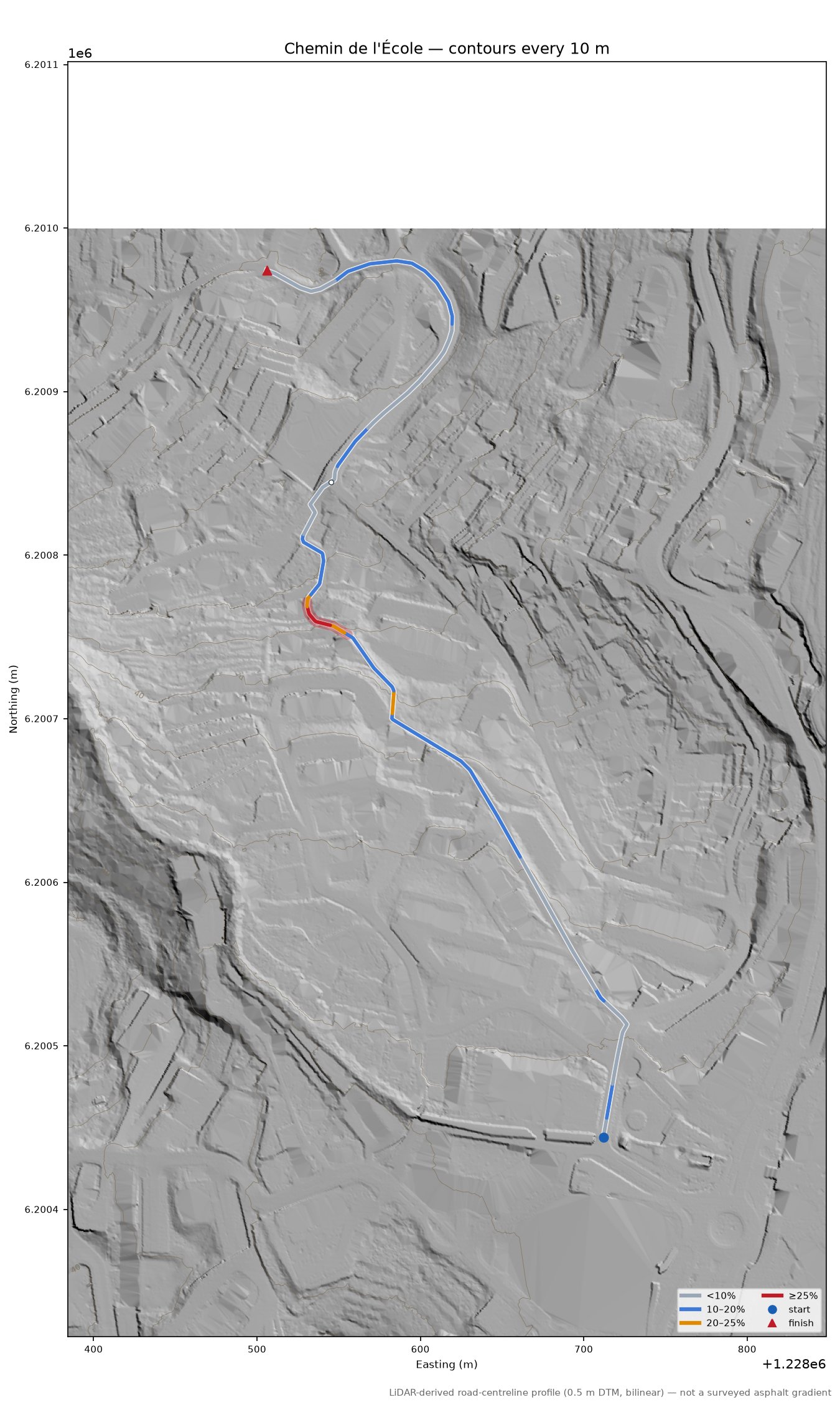 Chemin de l'École LiDAR hillshade map with contours