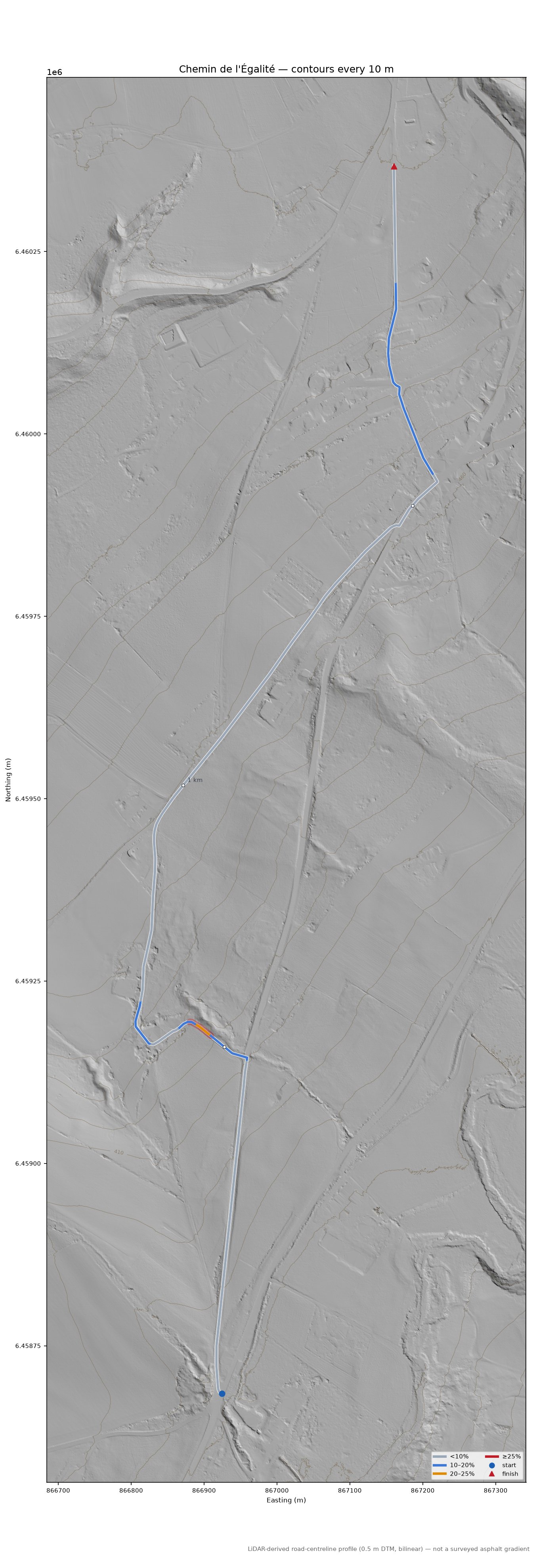 Chemin de l'Égalité LiDAR hillshade map with contours