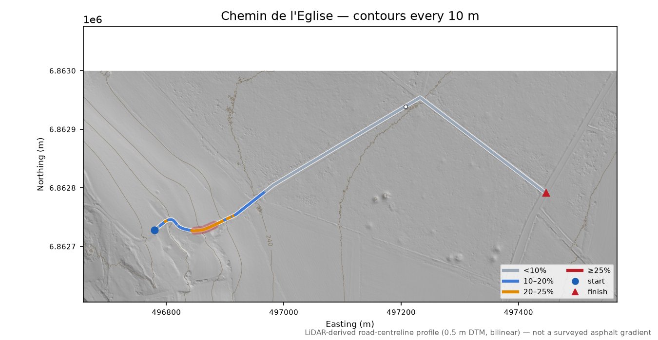 Chemin de l'Eglise LiDAR hillshade map with contours