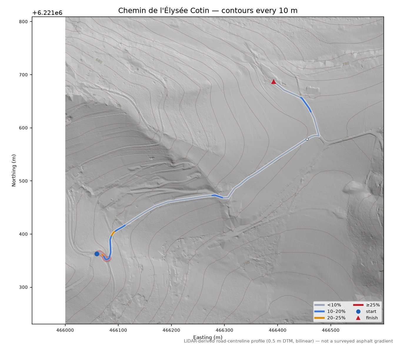 Chemin de l'Élysée Cotin LiDAR hillshade map with contours