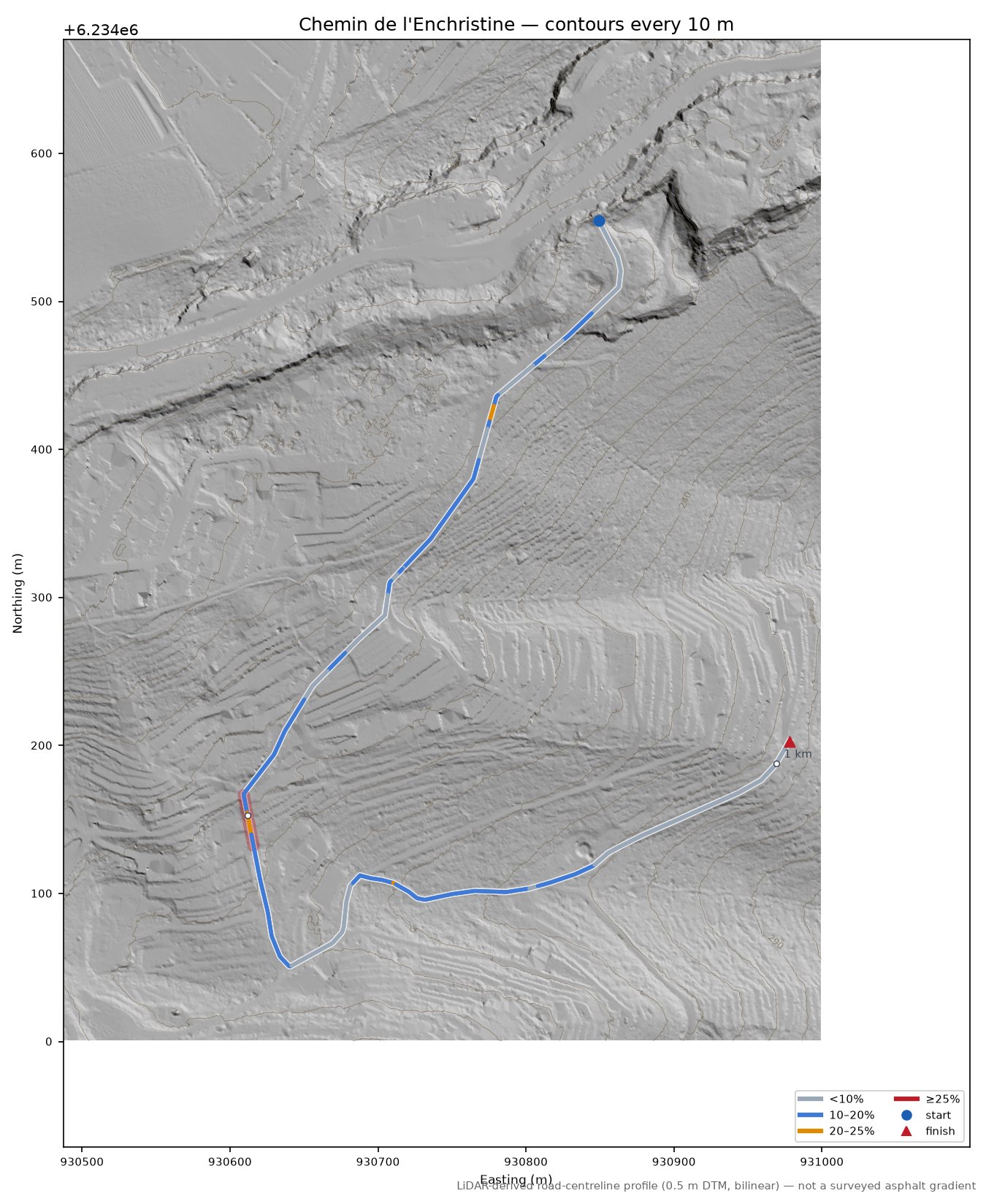 Chemin de l'Enchristine LiDAR hillshade map with contours