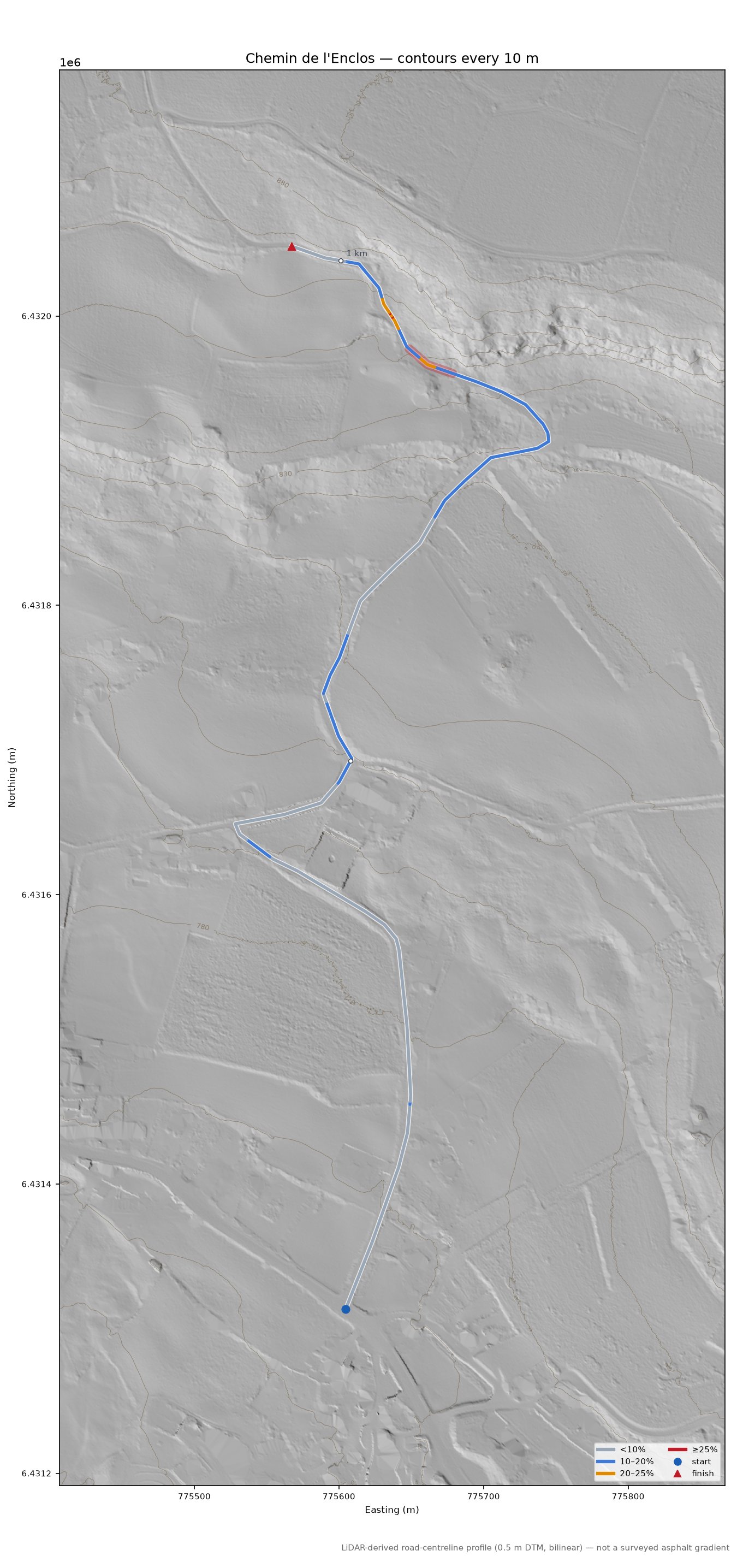 Chemin de l'Enclos LiDAR hillshade map with contours