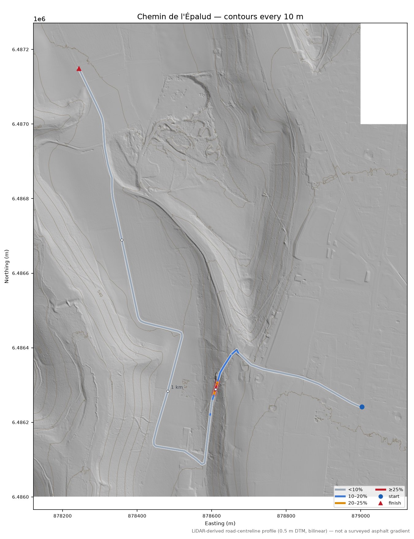 Chemin de l'Épalud LiDAR hillshade map with contours