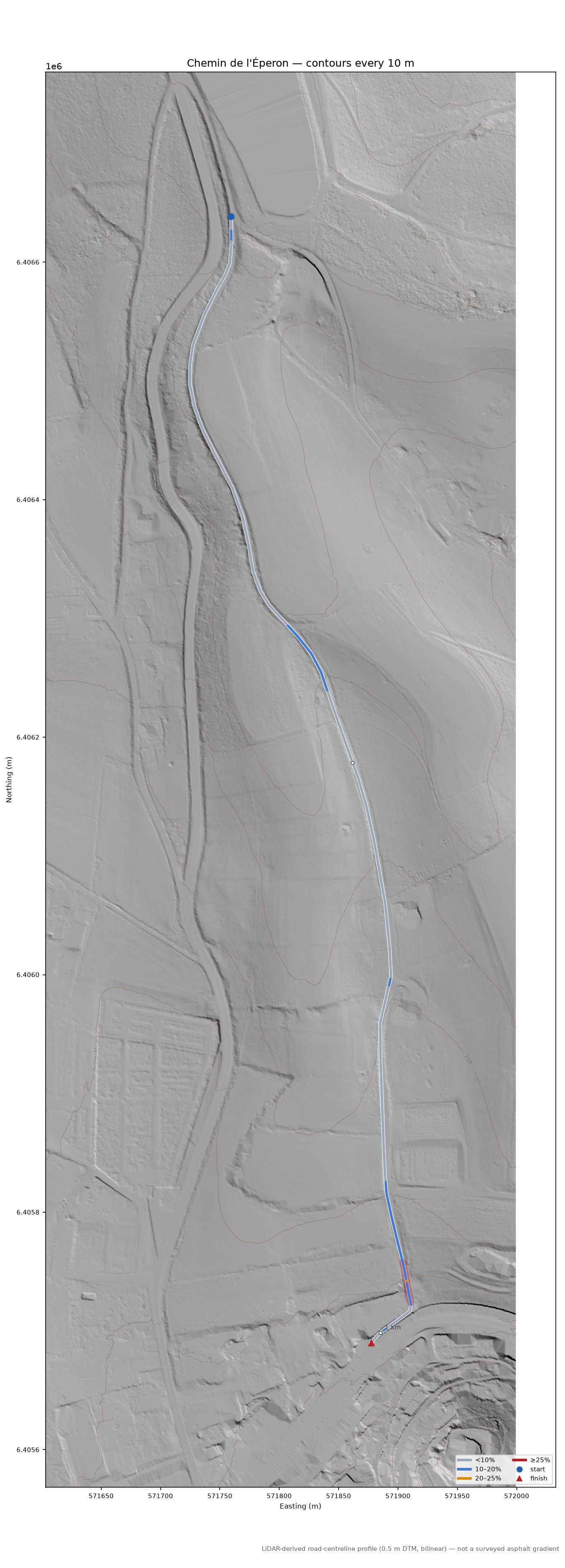 Chemin de l'Éperon LiDAR hillshade map with contours