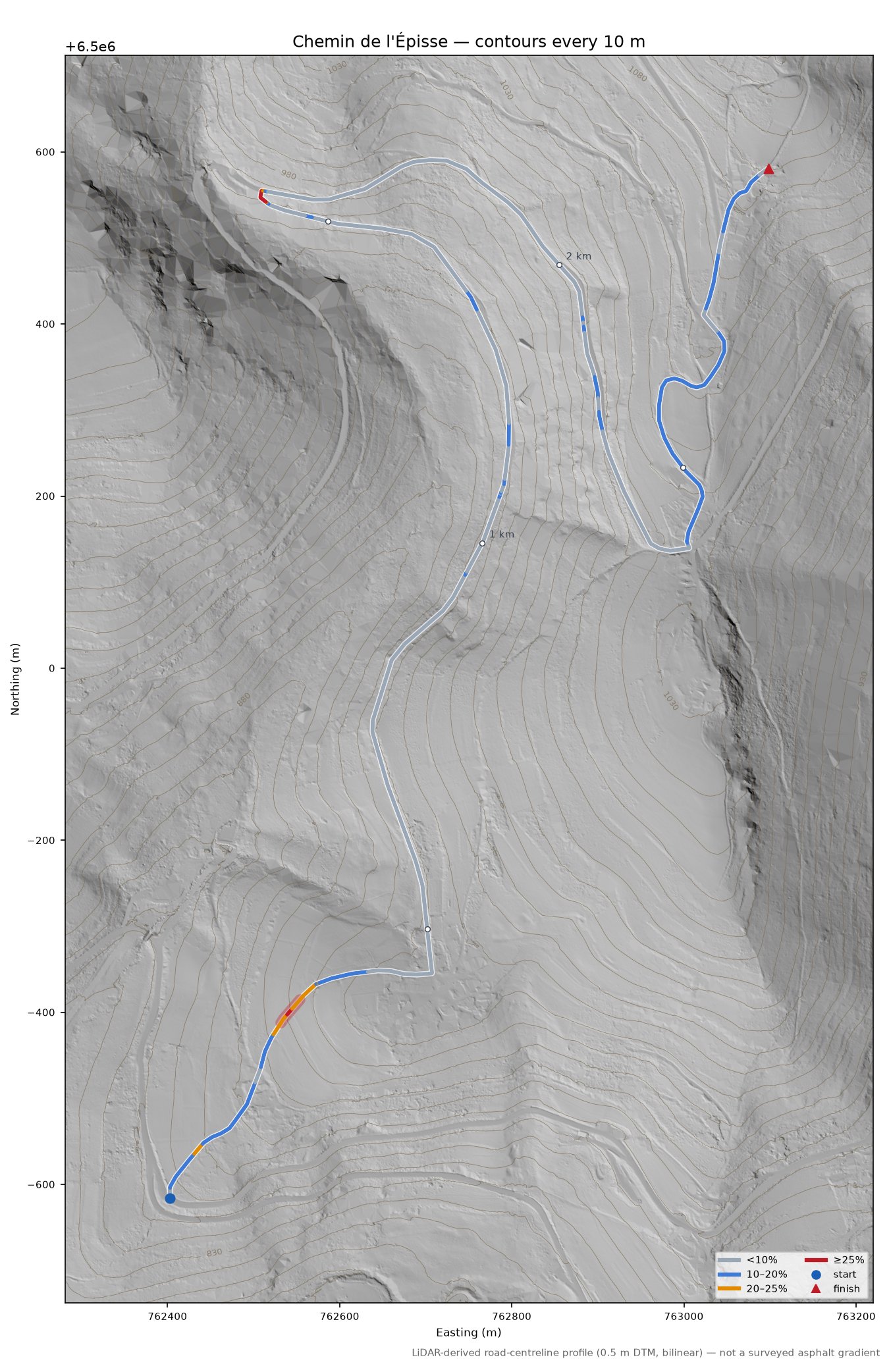 Chemin de l'Épisse LiDAR hillshade map with contours