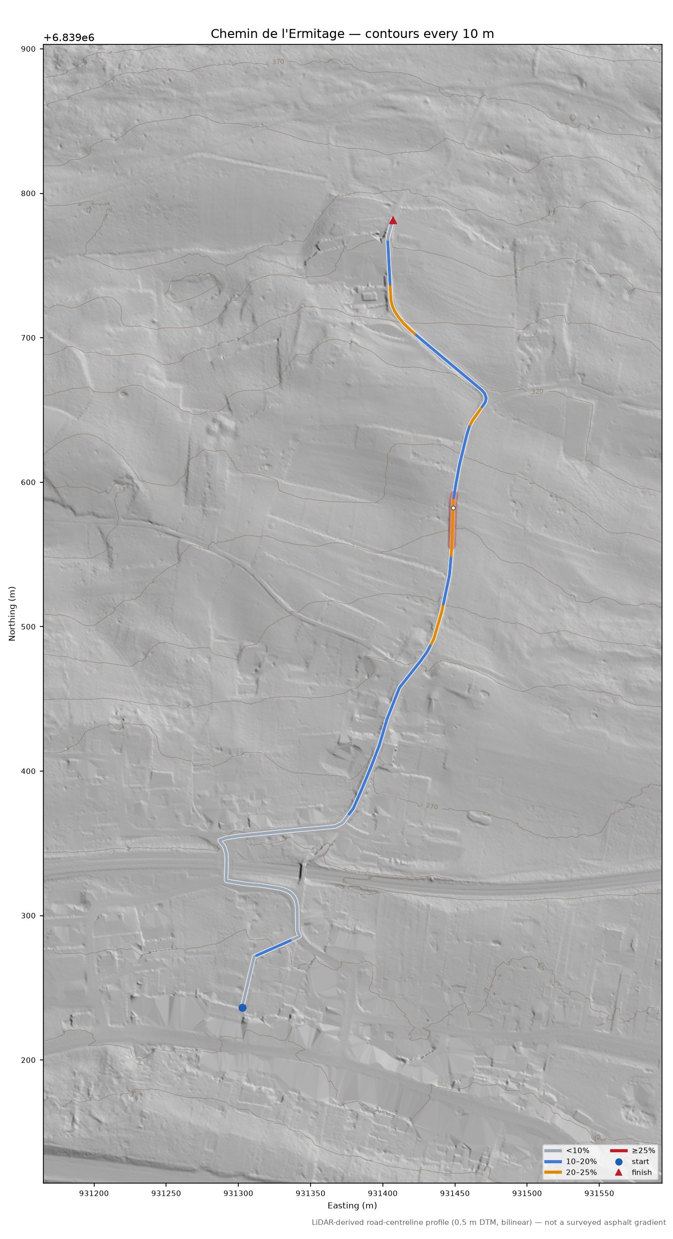 Chemin de l'Ermitage LiDAR hillshade map with contours
