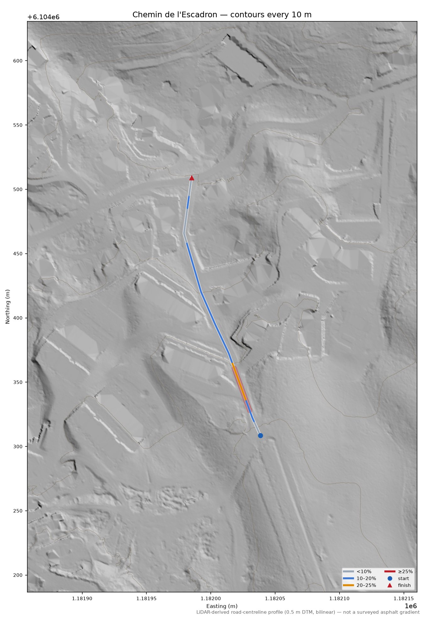 Chemin de l'Escadron LiDAR hillshade map with contours