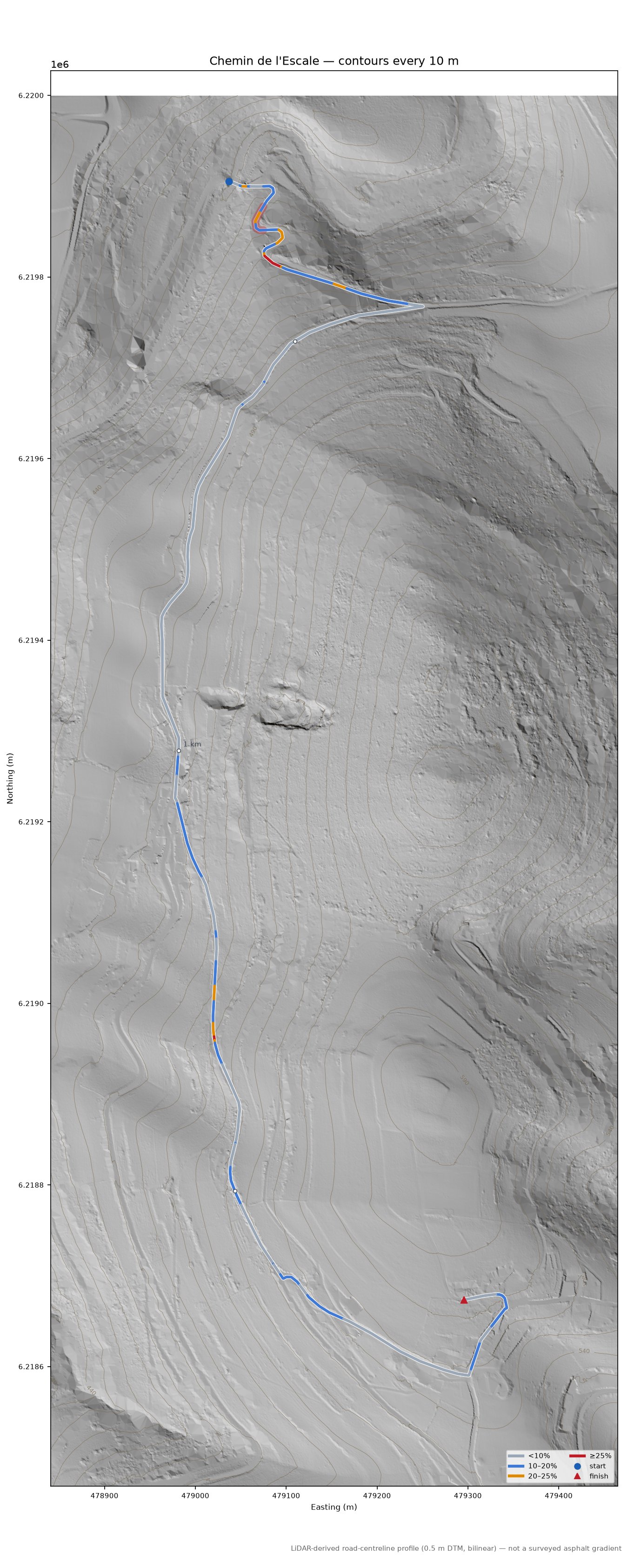 Chemin de l'Escale LiDAR hillshade map with contours