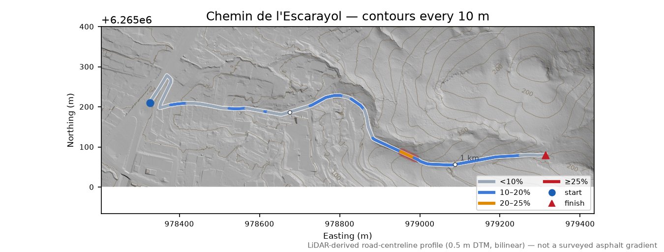Chemin de l'Escarayol LiDAR hillshade map with contours