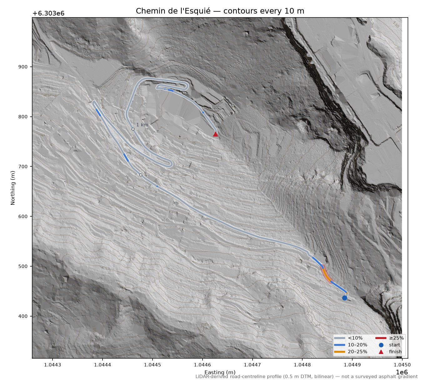 Chemin de l'Esquié LiDAR hillshade map with contours