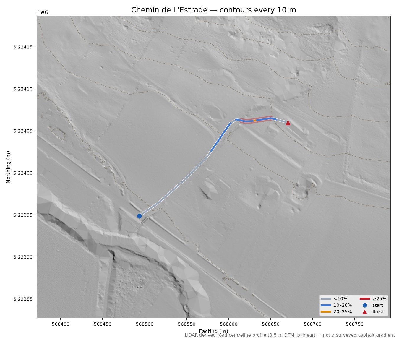 Chemin de L'Estrade LiDAR hillshade map with contours