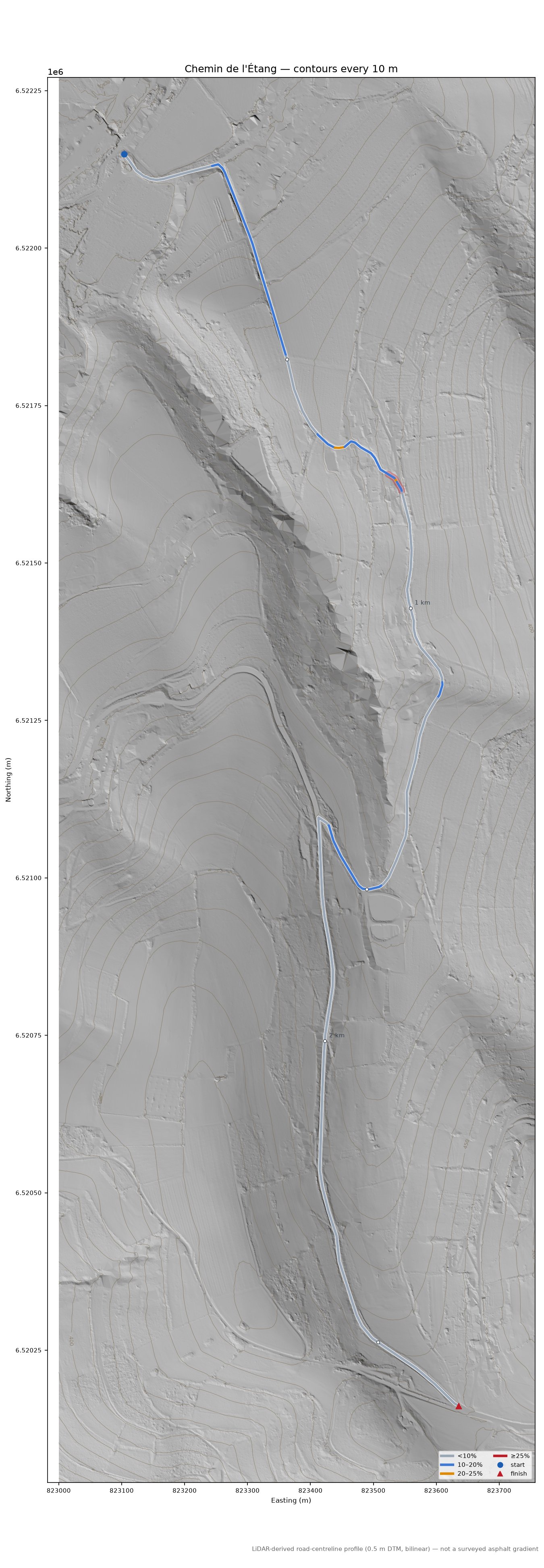 Chemin de l'Étang LiDAR hillshade map with contours