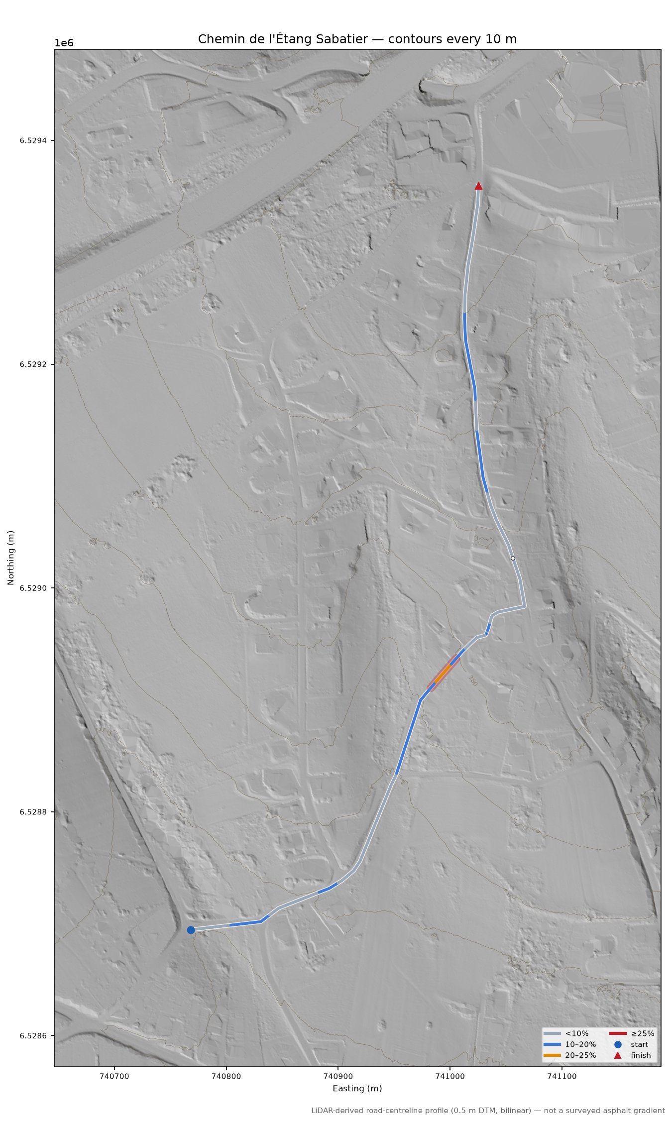 Chemin de l'Étang Sabatier LiDAR hillshade map with contours