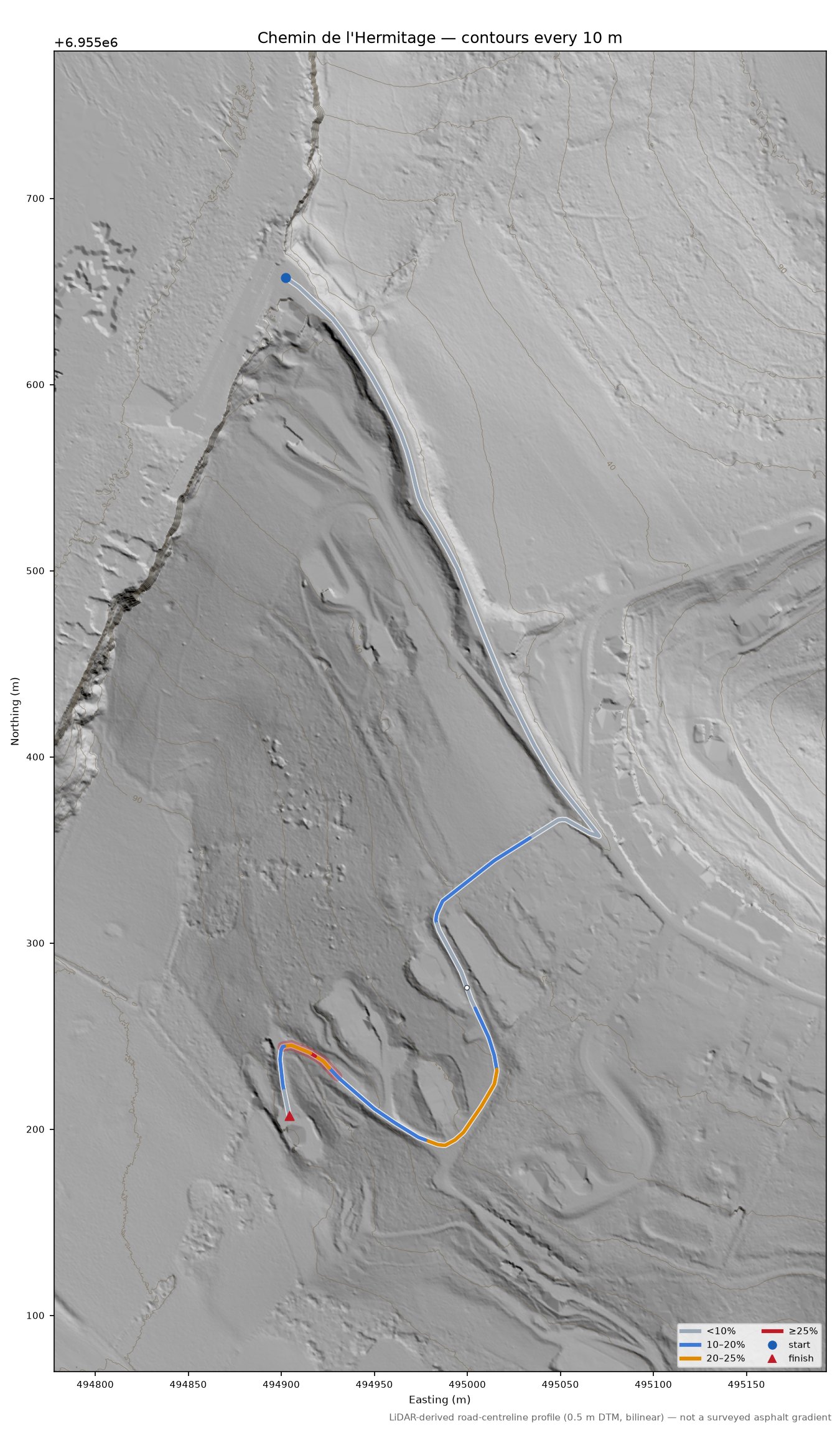 Chemin de l'Hermitage LiDAR hillshade map with contours