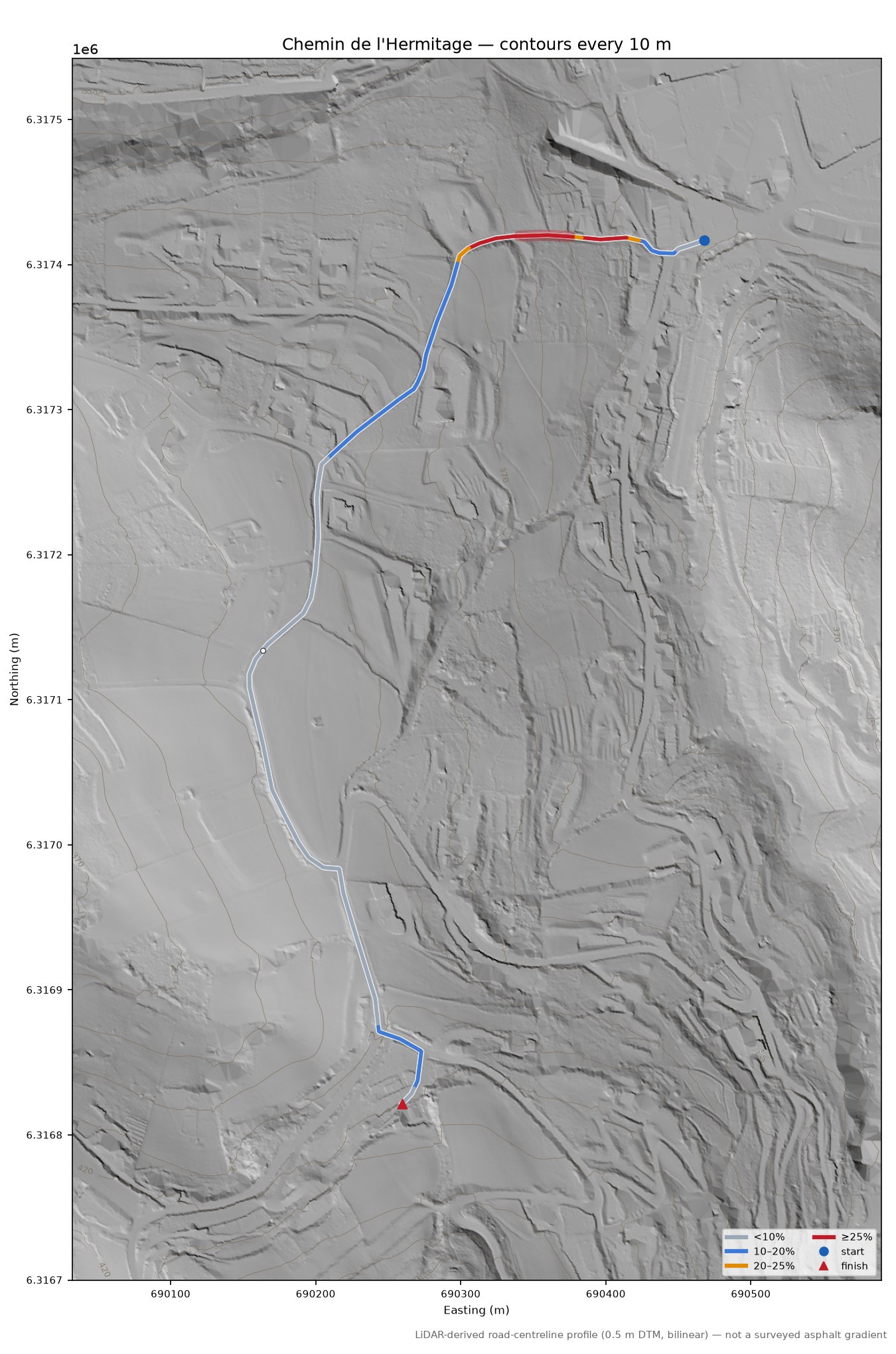 Chemin de l'Hermitage LiDAR hillshade map with contours