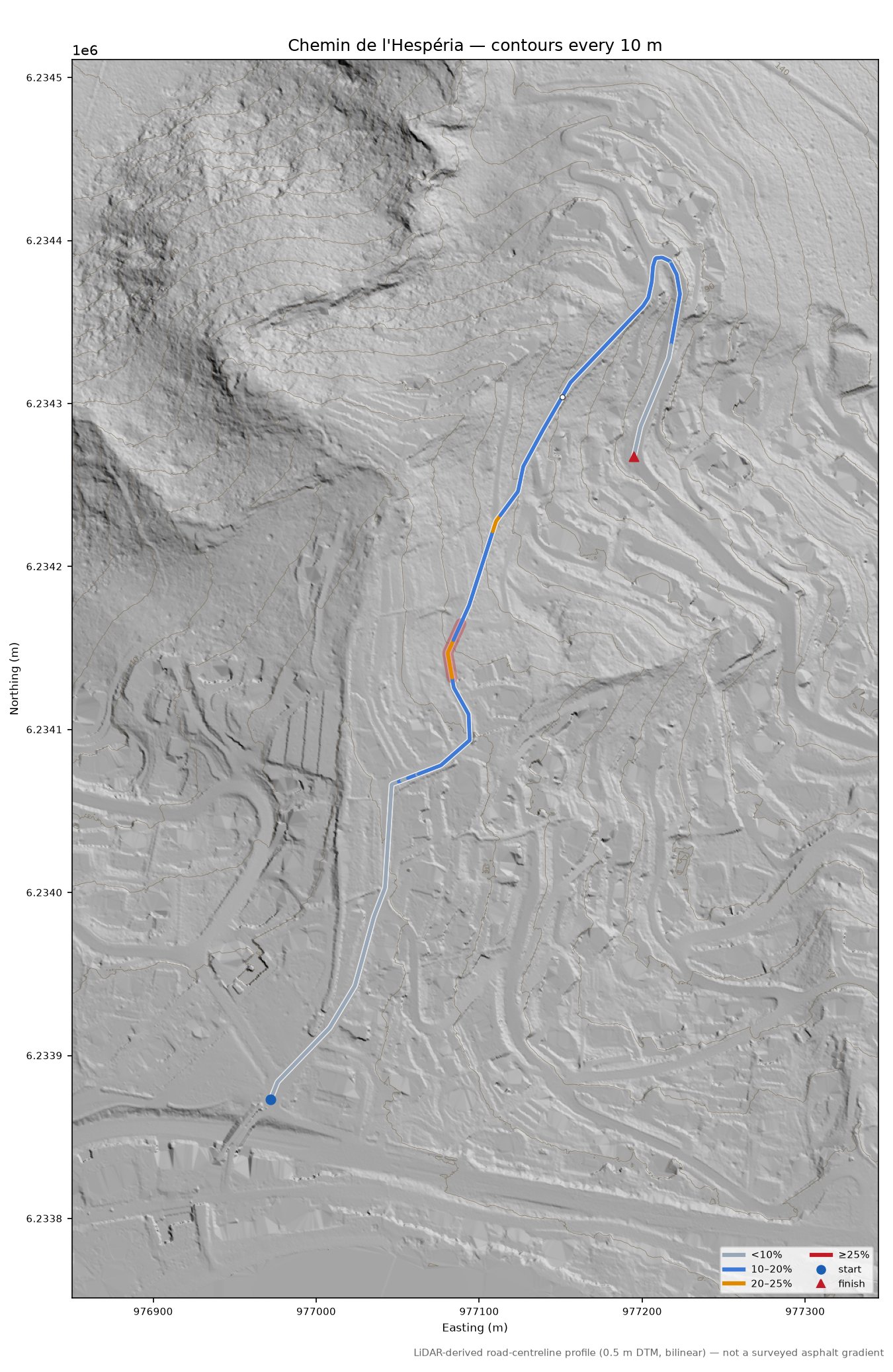 Chemin de l'Hespéria LiDAR hillshade map with contours