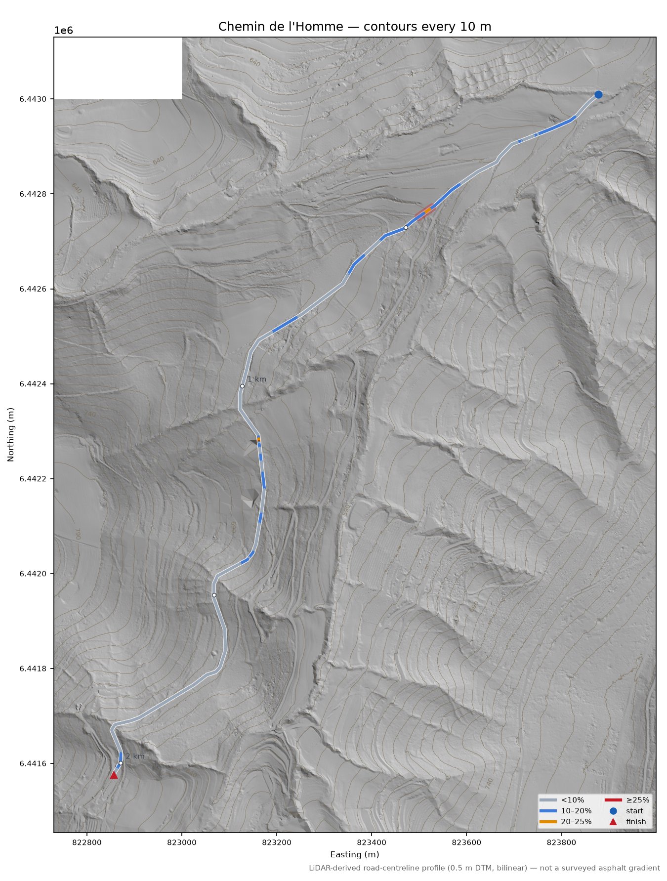 Chemin de l'Homme LiDAR hillshade map with contours