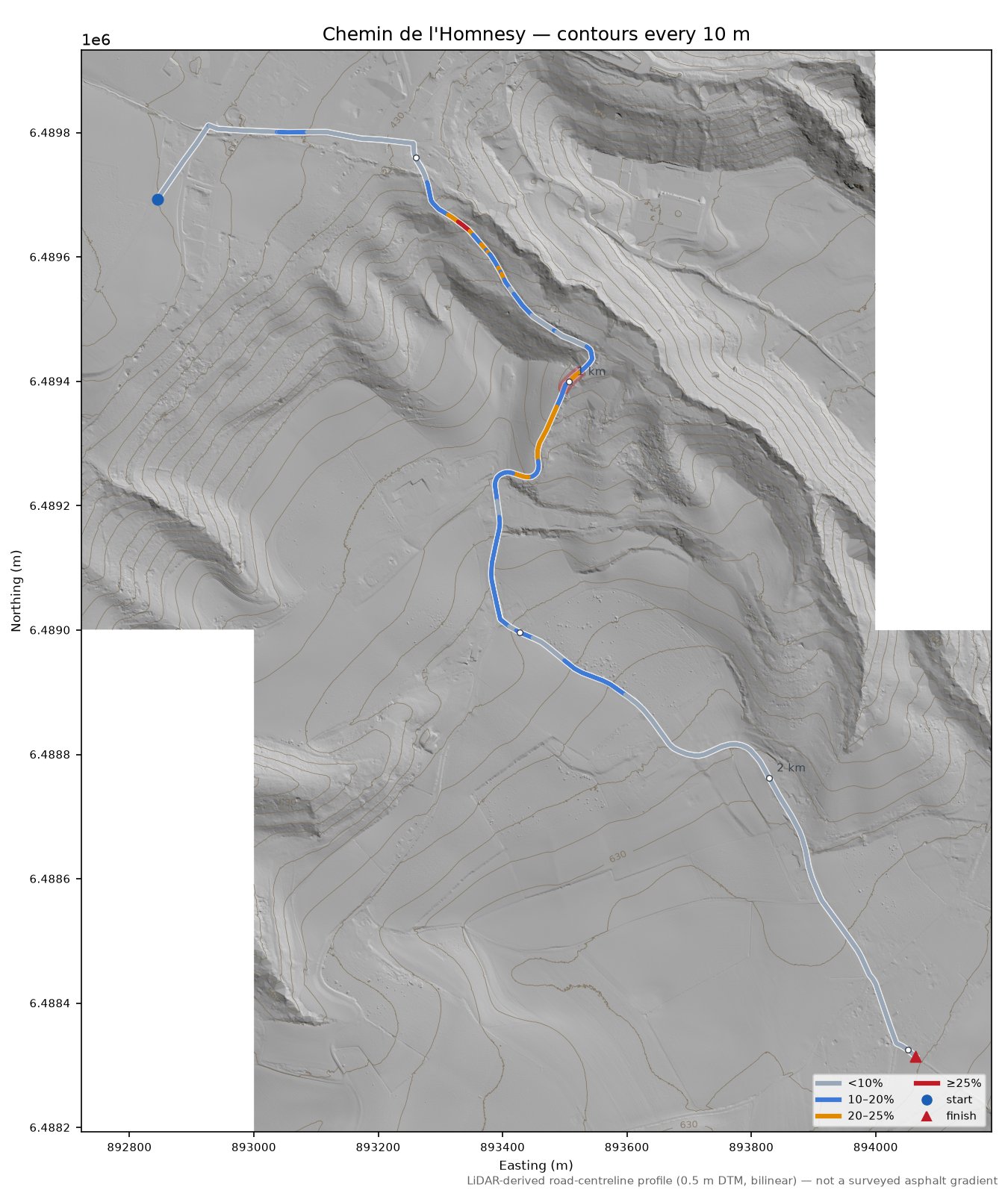 Chemin de l'Homnesy LiDAR hillshade map with contours