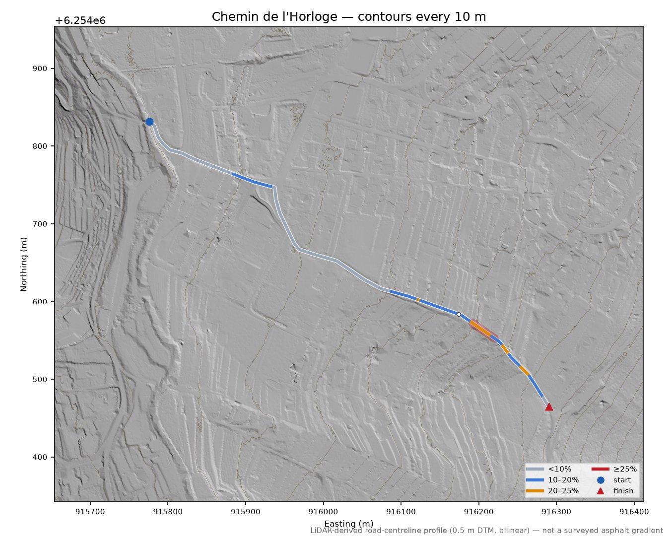 Chemin de l'Horloge LiDAR hillshade map with contours