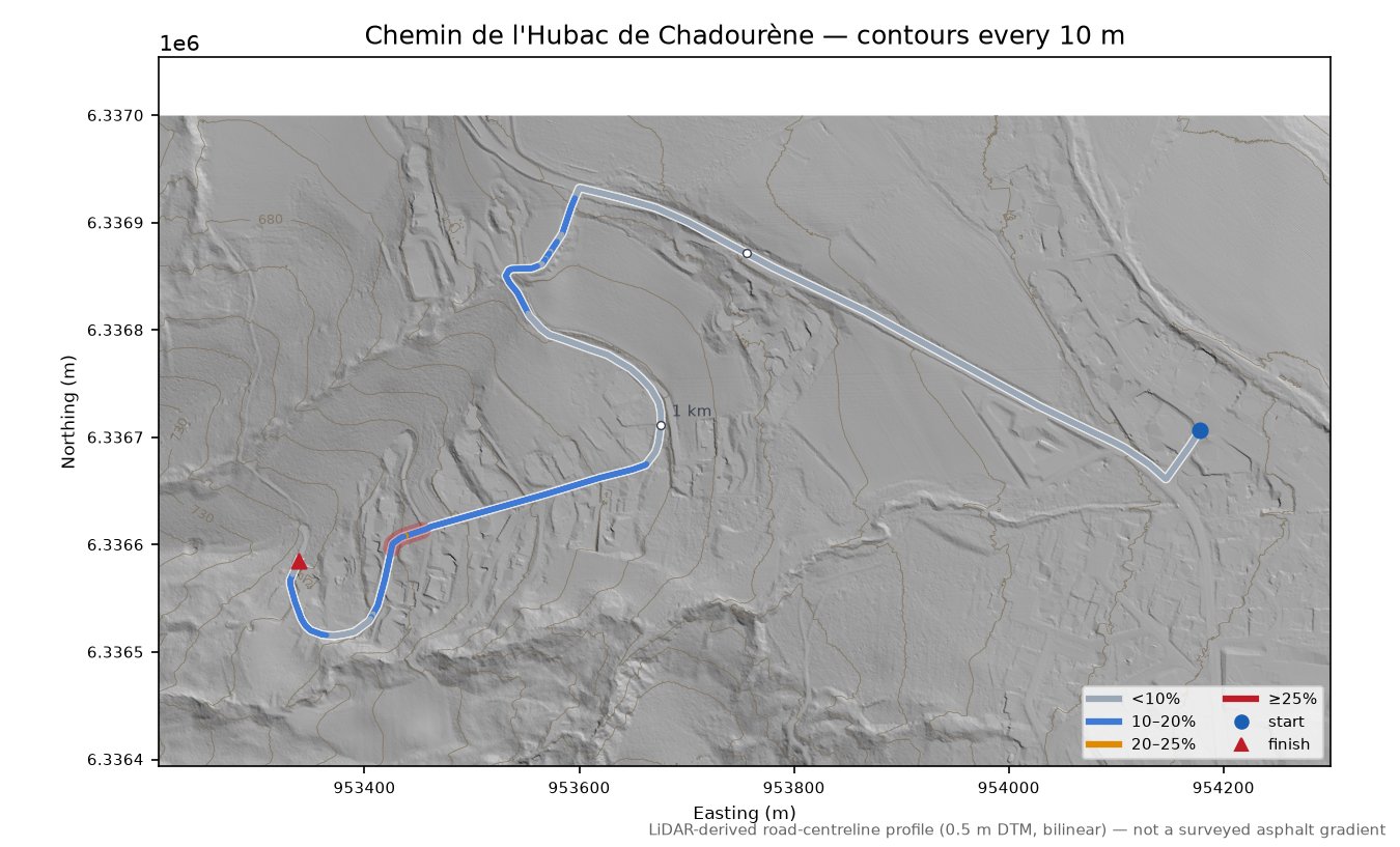 Chemin de l'Hubac de Chadourène LiDAR hillshade map with contours