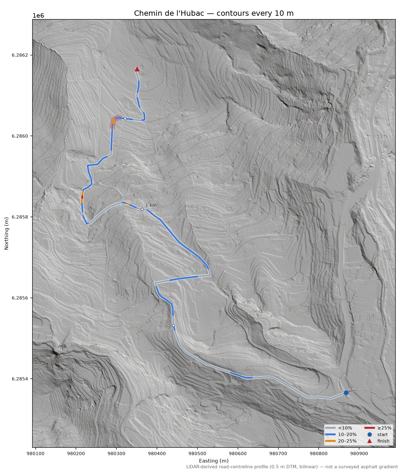 Chemin de l'Hubac LiDAR hillshade map with contours