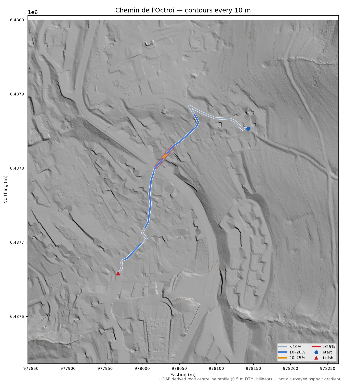 Chemin de l'Octroi LiDAR hillshade map with contours