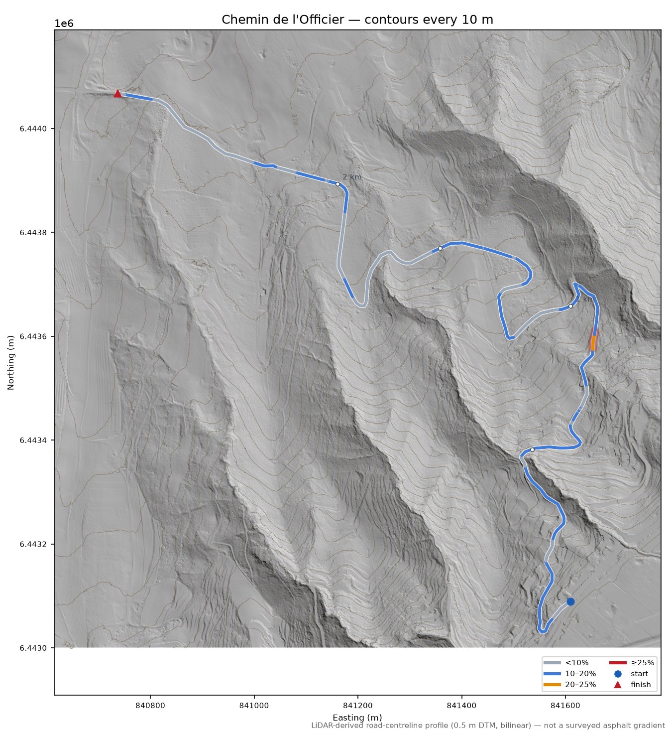 Chemin de l'Officier LiDAR hillshade map with contours